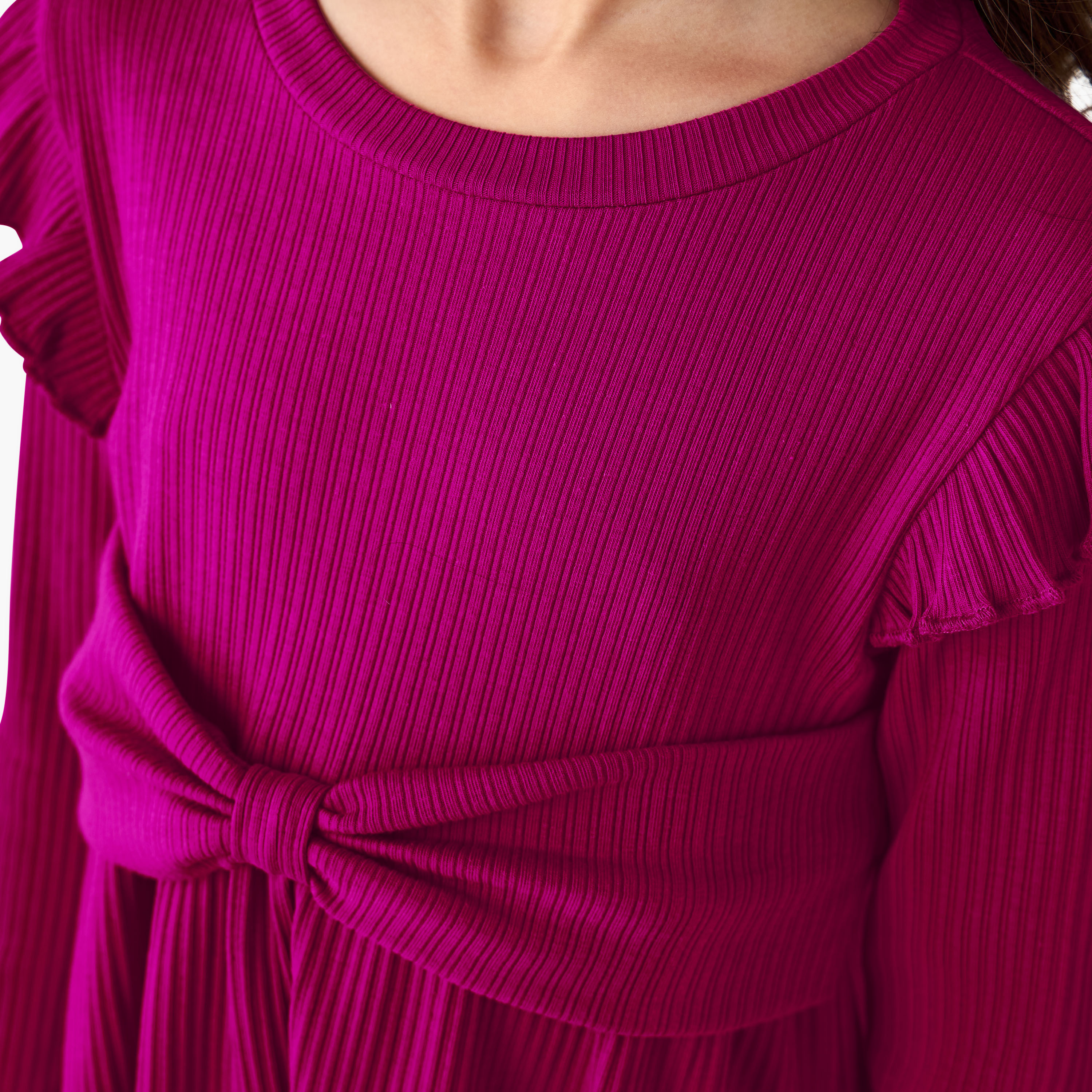 Juniors Round Neck Long Sleeve Top and Flared Pants Set with Ribbed Texture-girls-clothing-setsandcoords-image-6