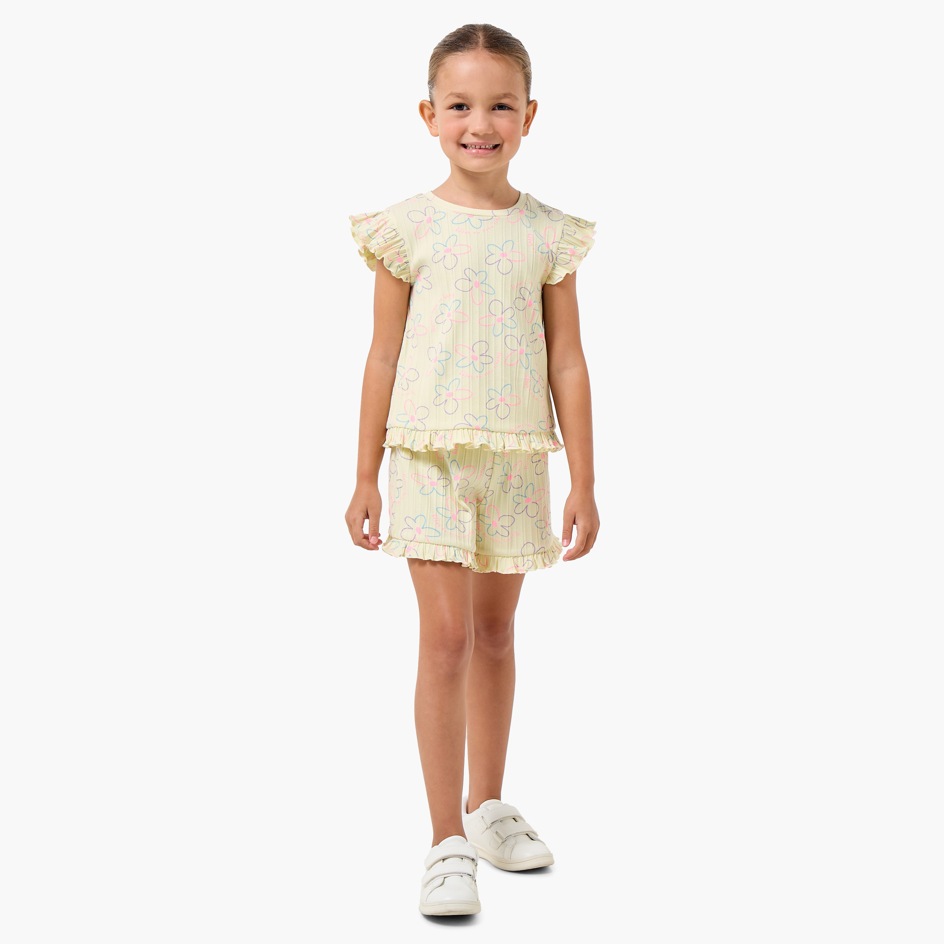 Juniors Round Neck Short Sleeves T-shirt and Shorts Set with Floral Print-baby-girls-clothing-setsandcoords-image-1