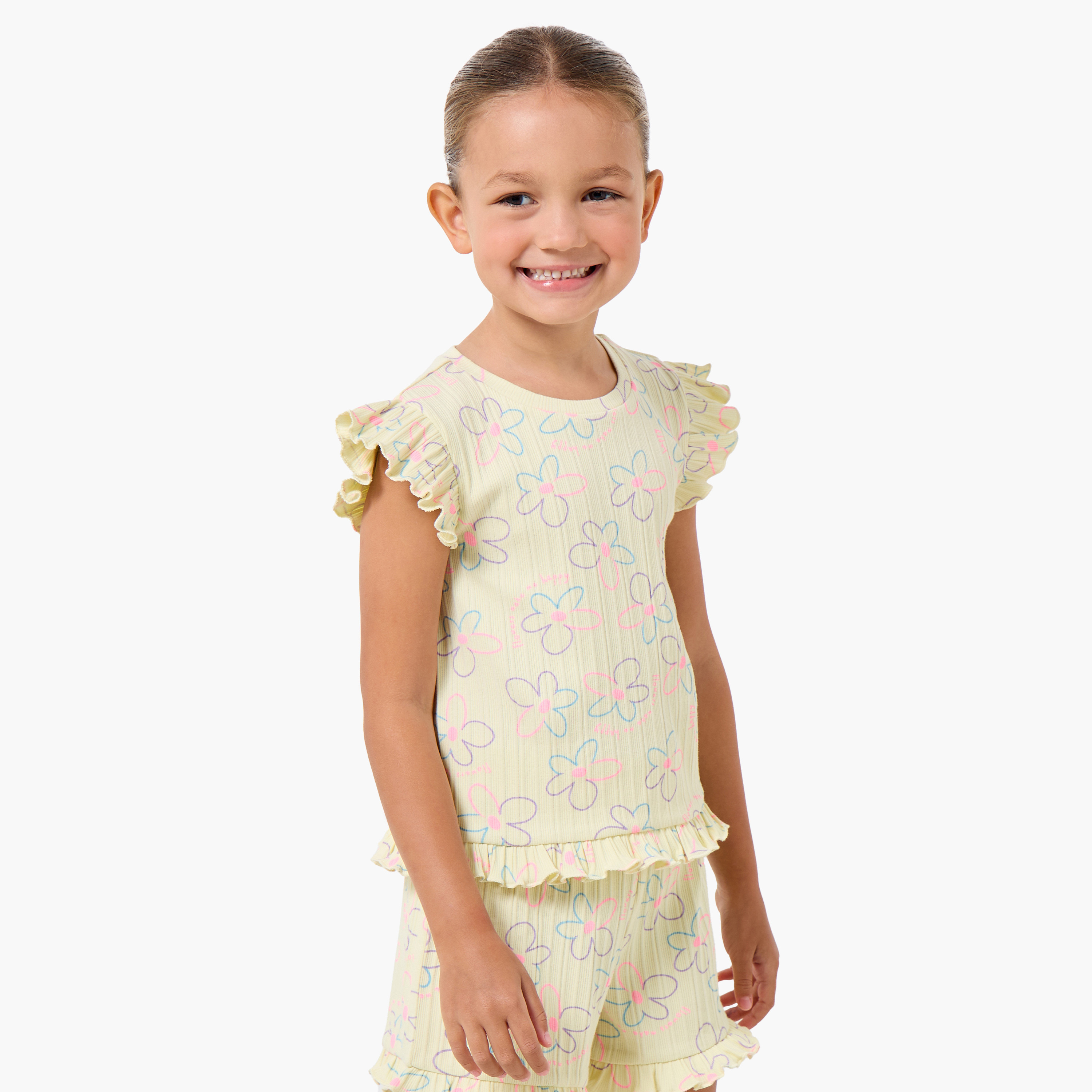 Juniors Round Neck Short Sleeves T-shirt and Shorts Set with Floral Print-baby-girls-clothing-setsandcoords-image-2