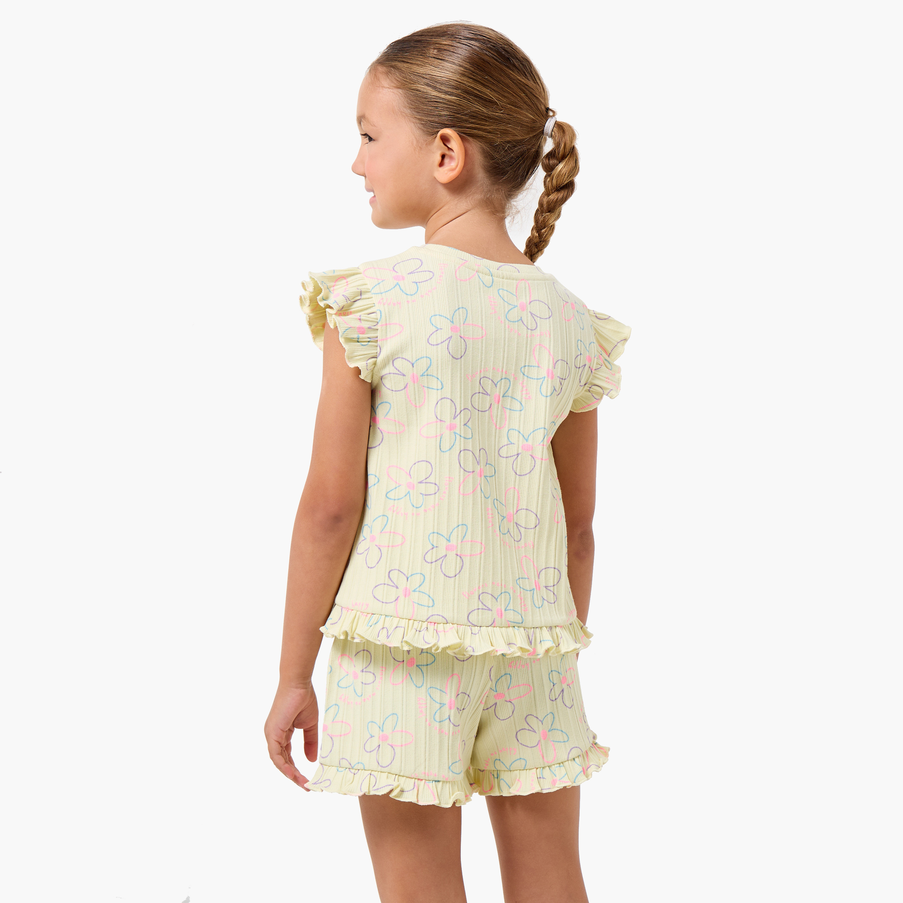 Juniors Round Neck Short Sleeves T-shirt and Shorts Set with Floral Print-baby-girls-clothing-setsandcoords-image-3
