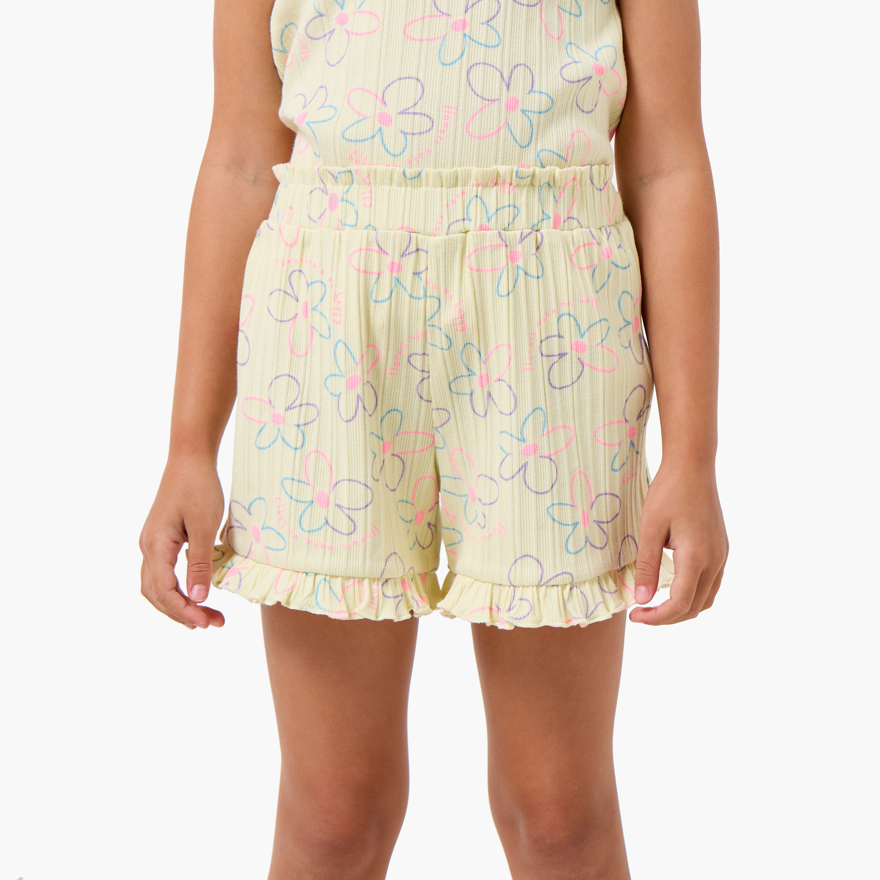 Juniors Round Neck Short Sleeves T-shirt and Shorts Set with Floral Print-baby-girls-clothing-setsandcoords-image-4