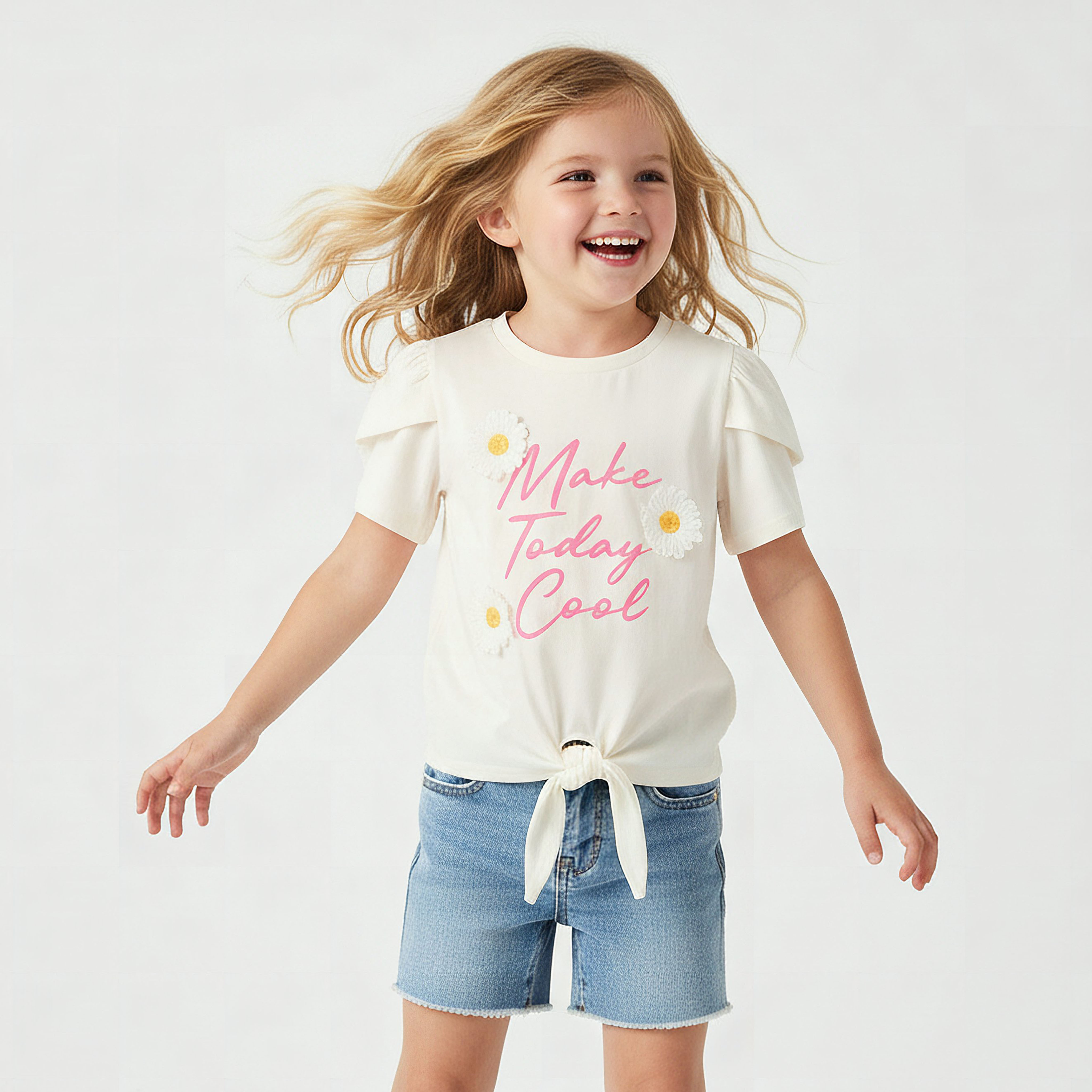 Juniors Crew Neck Short Sleeves T-shirt with Floral Applique-girls-clothing-tshirts-image-1