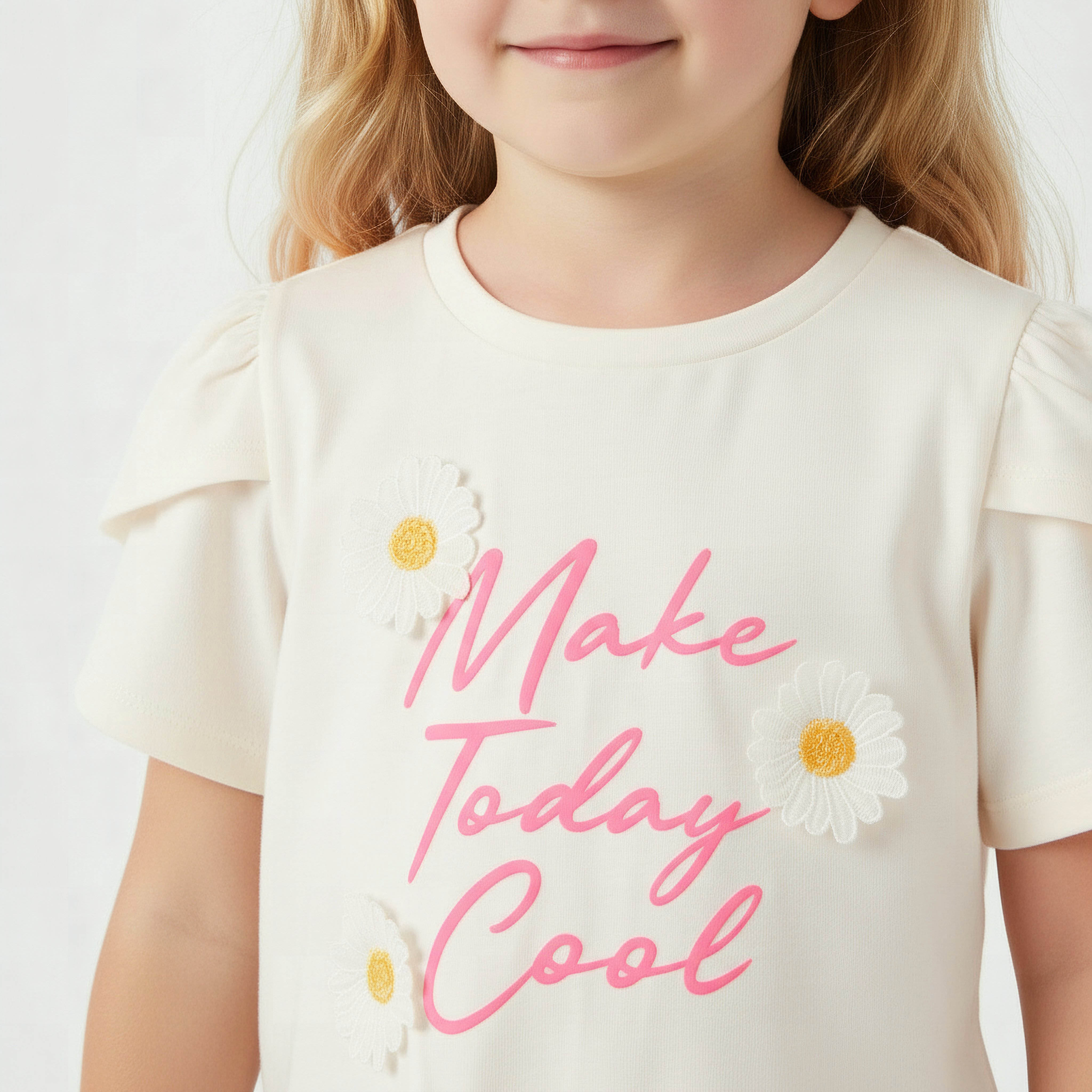 Juniors Crew Neck Short Sleeves T-shirt with Floral Applique-girls-clothing-tshirts-image-4