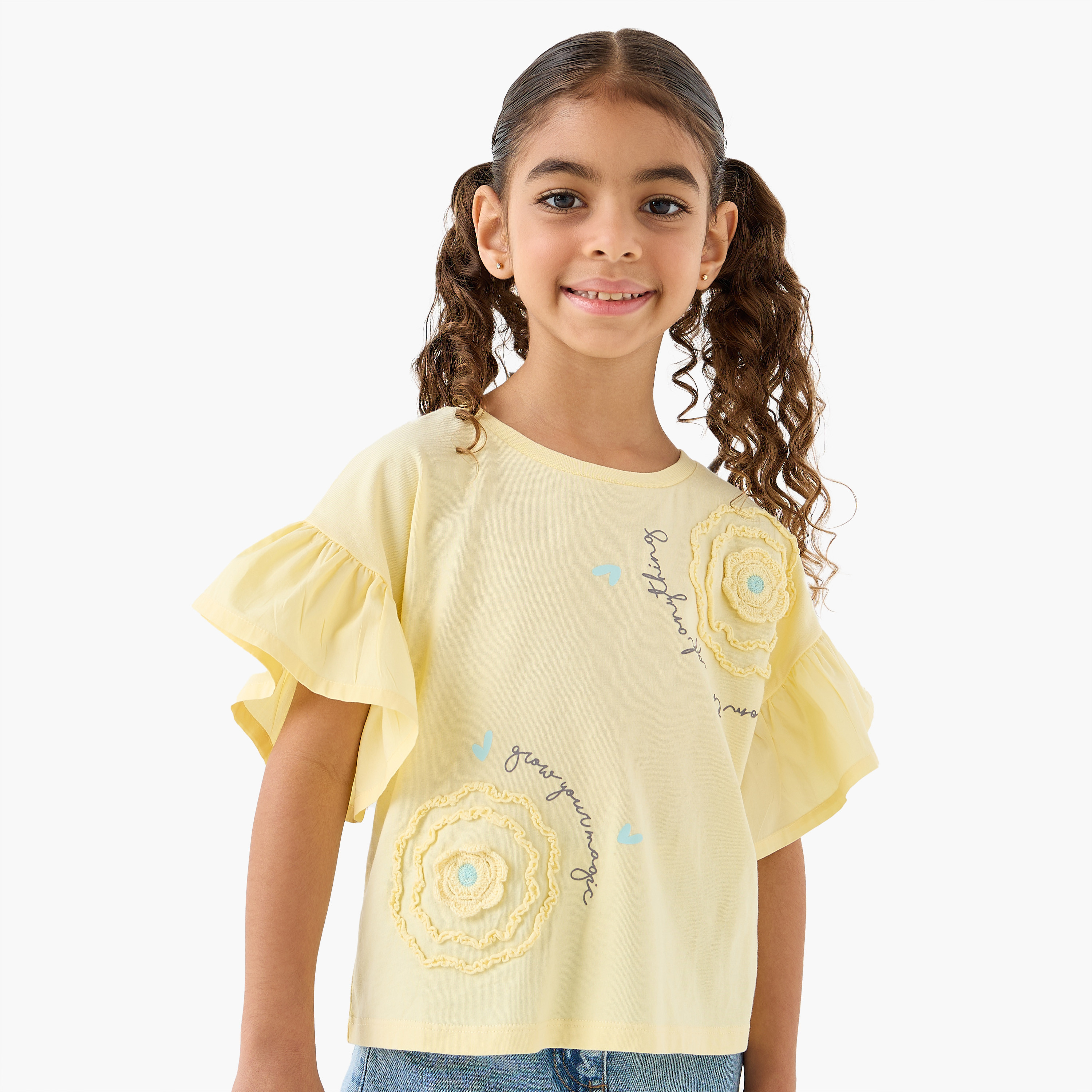 Juniors Crew Neck Short Sleeves T-shirt with Floral Applique-girls-clothing-tshirts-image-1