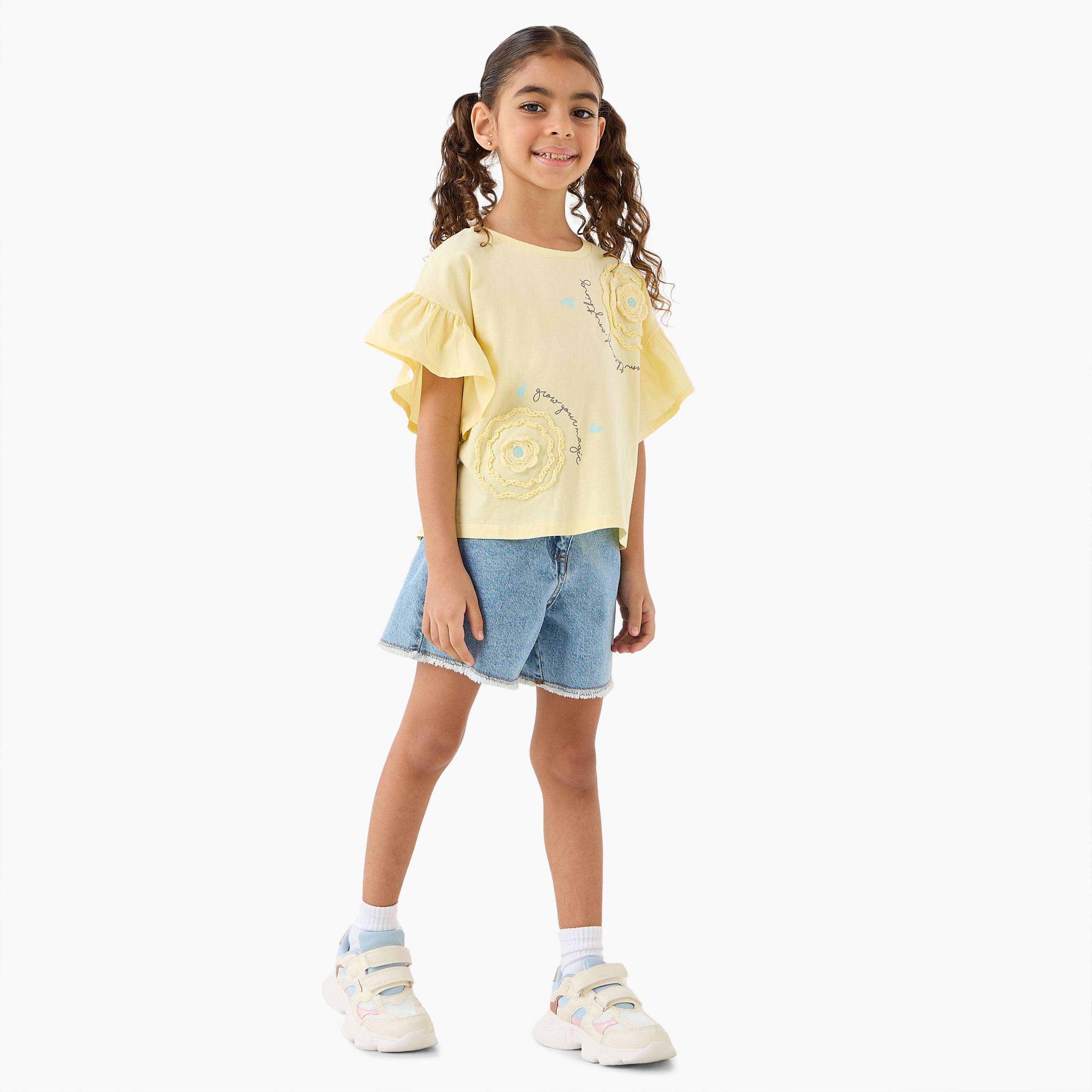 Juniors Crew Neck Short Sleeves T-shirt with Floral Applique-girls-clothing-tshirts-image-2