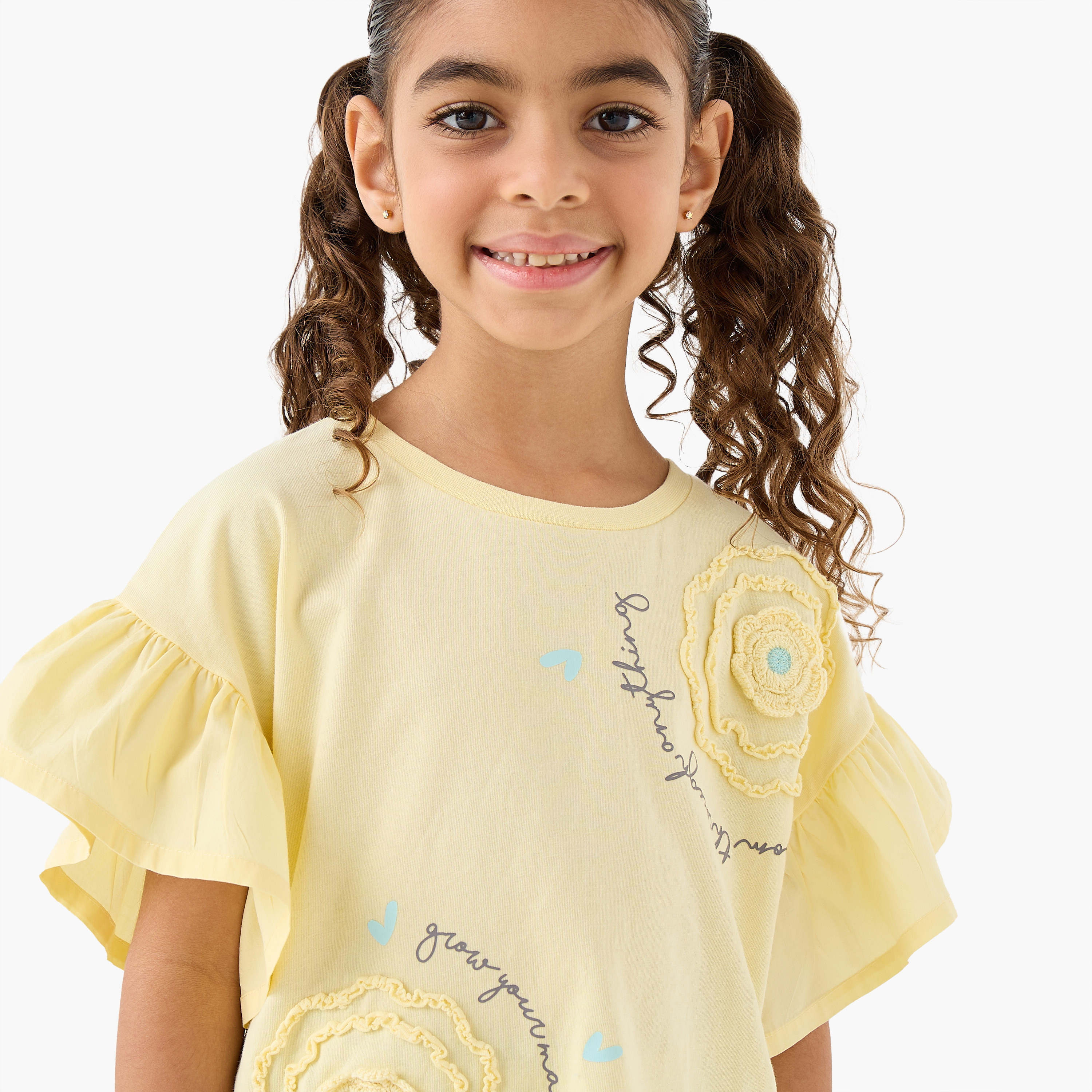 Juniors Crew Neck Short Sleeves T-shirt with Floral Applique-girls-clothing-tshirts-image-4