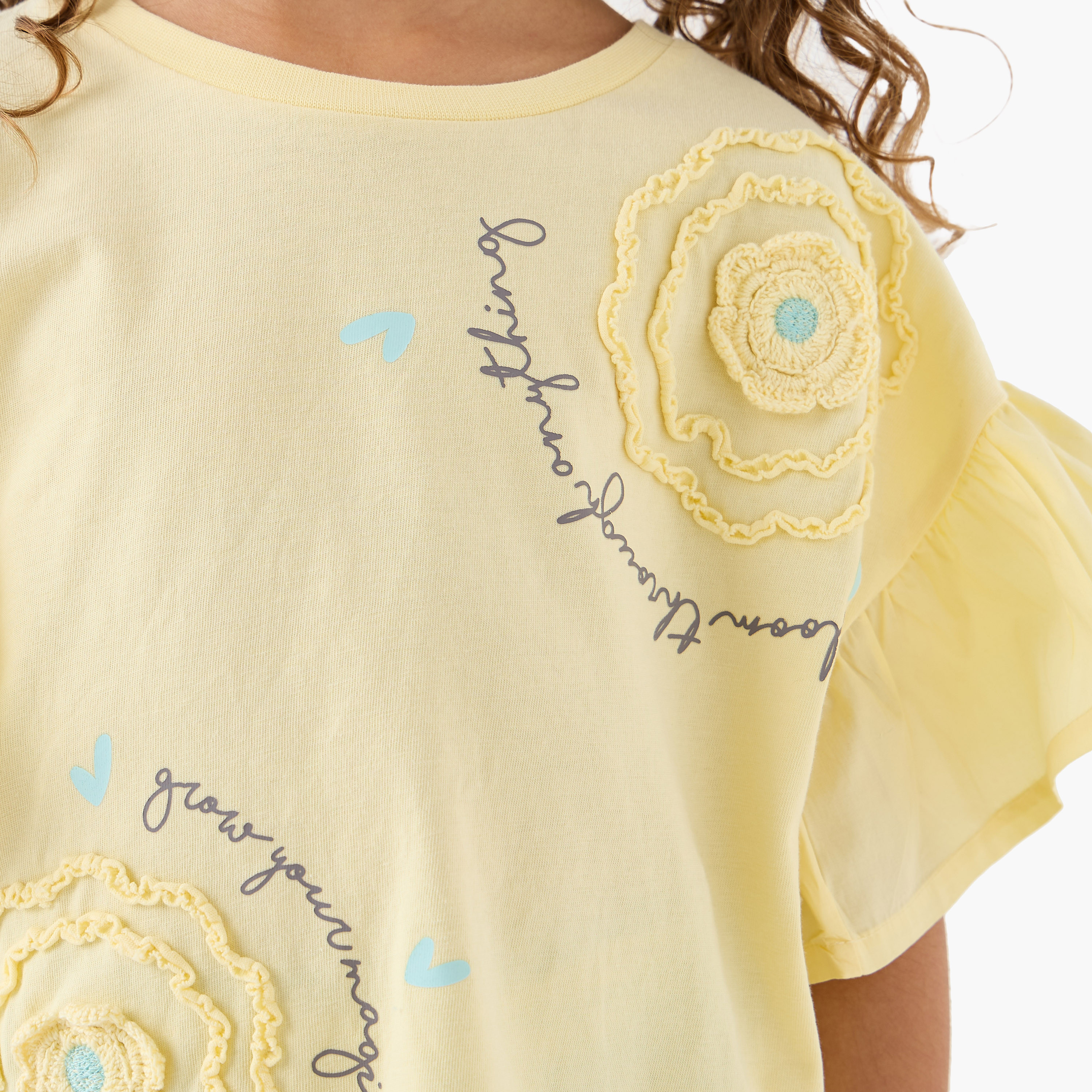 Juniors Crew Neck Short Sleeves T-shirt with Floral Applique-girls-clothing-tshirts-image-5