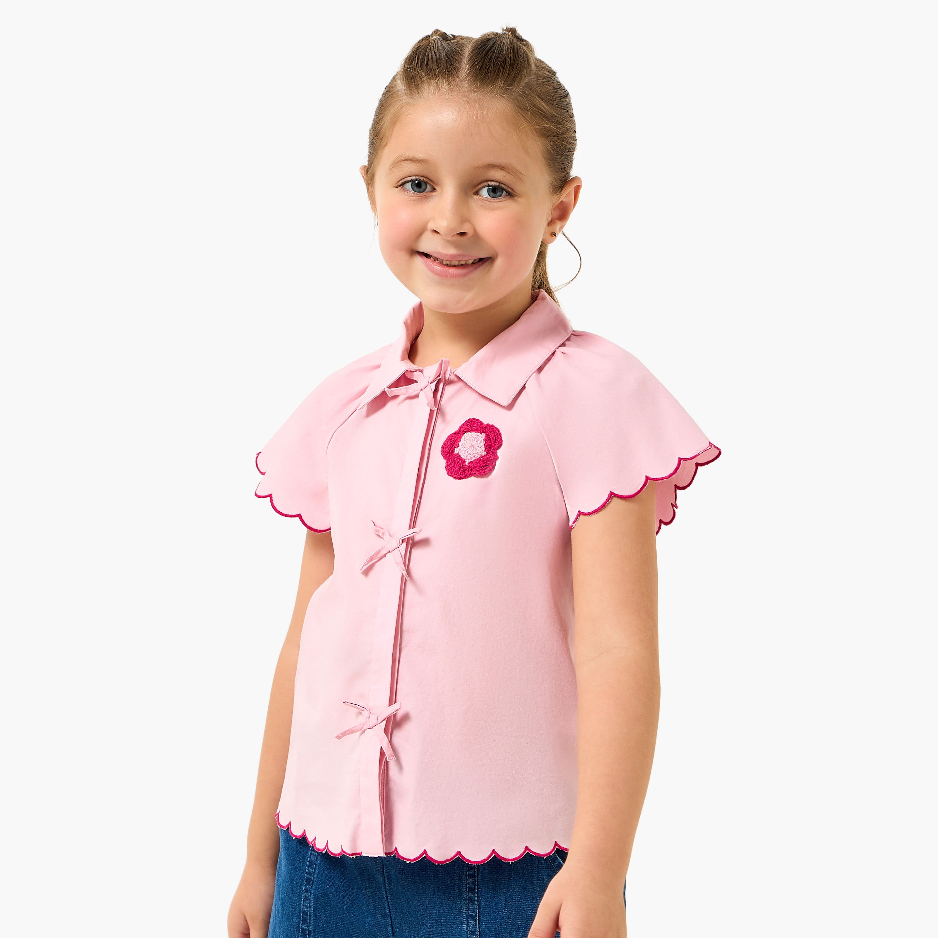 قميص بأكمام قصيرة وياقة عادية وزخارف زهور من جونيورز-baby-girls-clothing-blousesandshirts-image-5