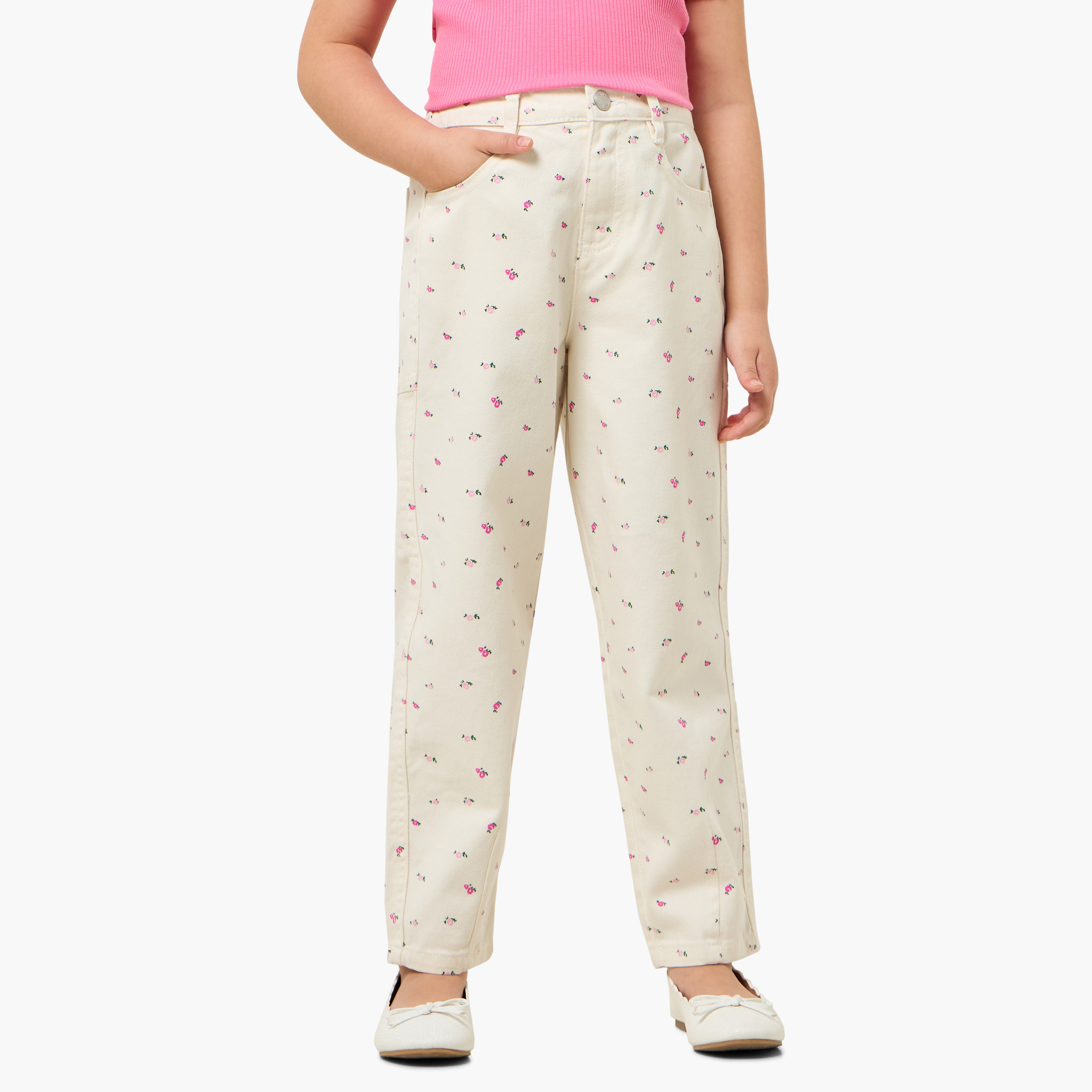 Juniors Button Closure Jeans with Floral Print-girls-clothing-bottoms-jeansandjeggings-image-1