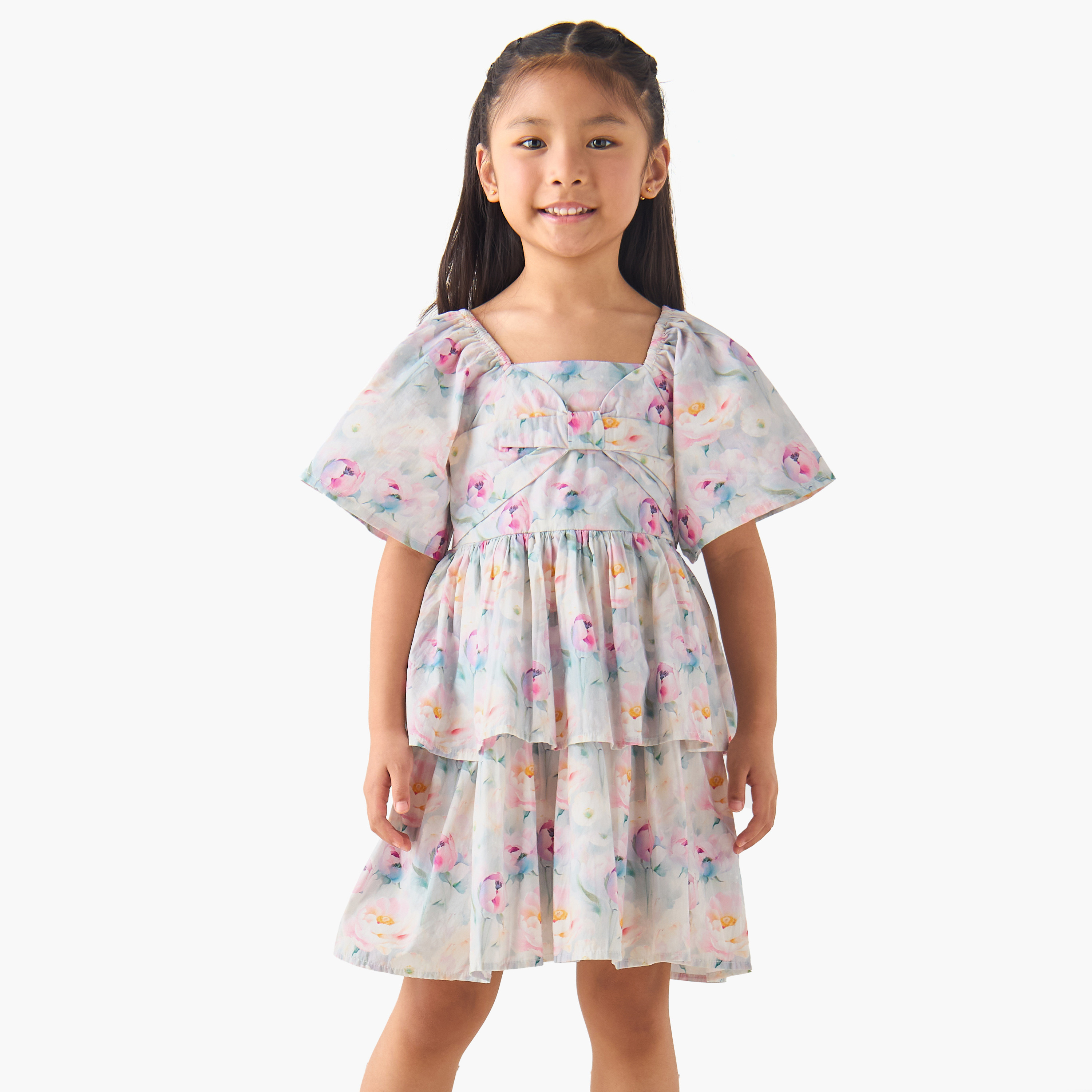 Juniors Square Neck Short Sleeves Tiered A-line Dress with Floral Print-girls-clothing-dressesandjumpsuits-image-1