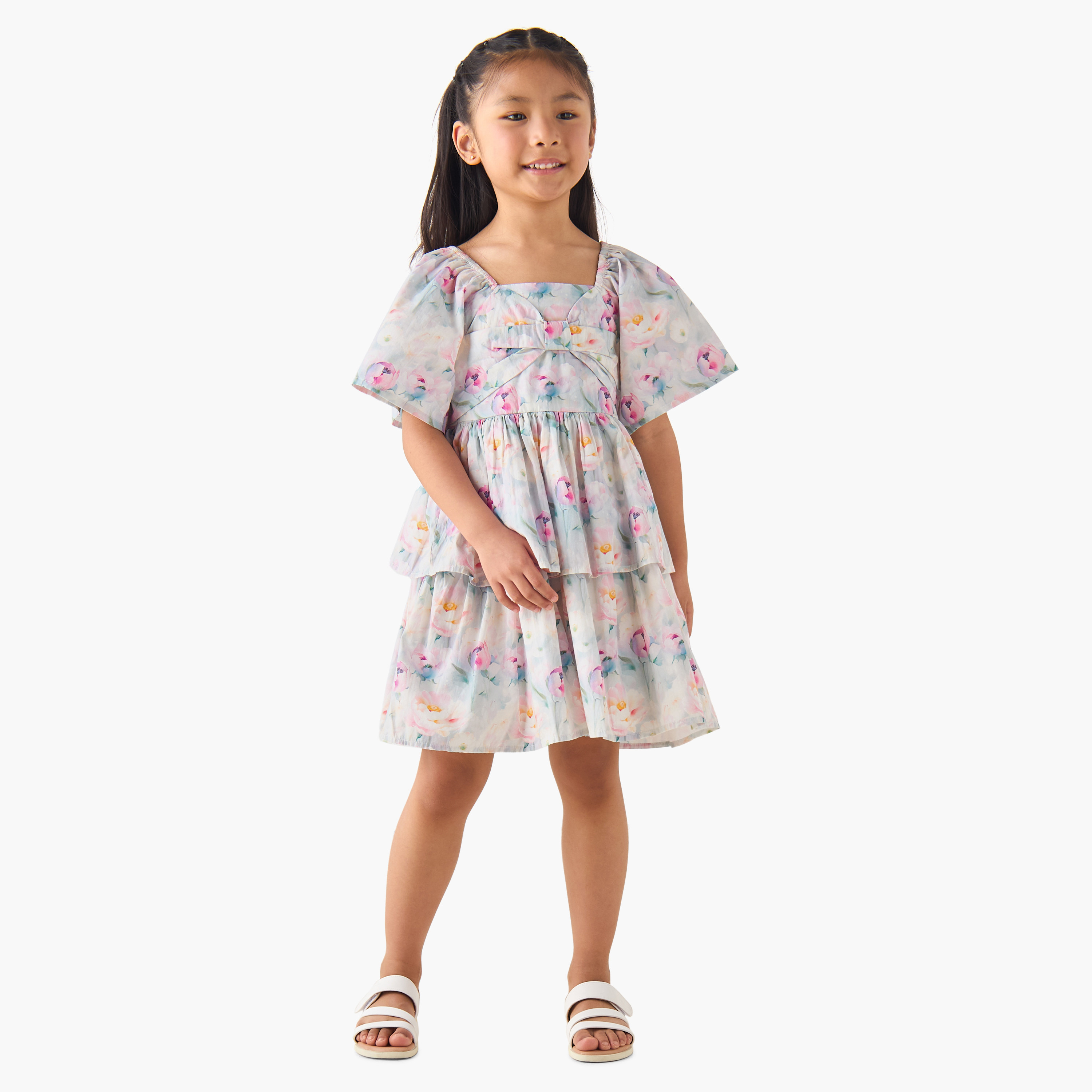 Juniors Square Neck Short Sleeves Tiered A-line Dress with Floral Print-girls-clothing-dressesandjumpsuits-image-2