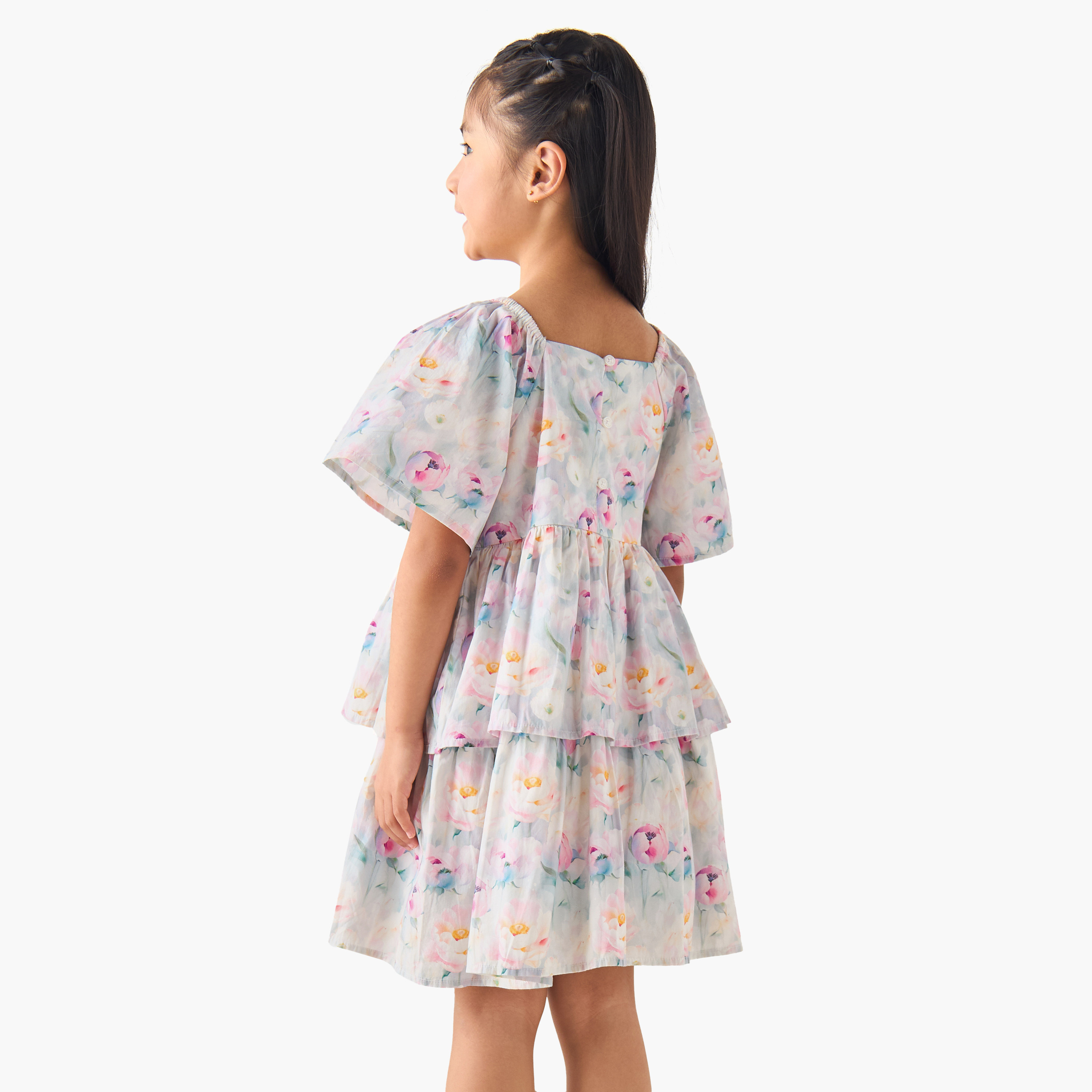 Juniors Square Neck Short Sleeves Tiered A-line Dress with Floral Print-girls-clothing-dressesandjumpsuits-image-3
