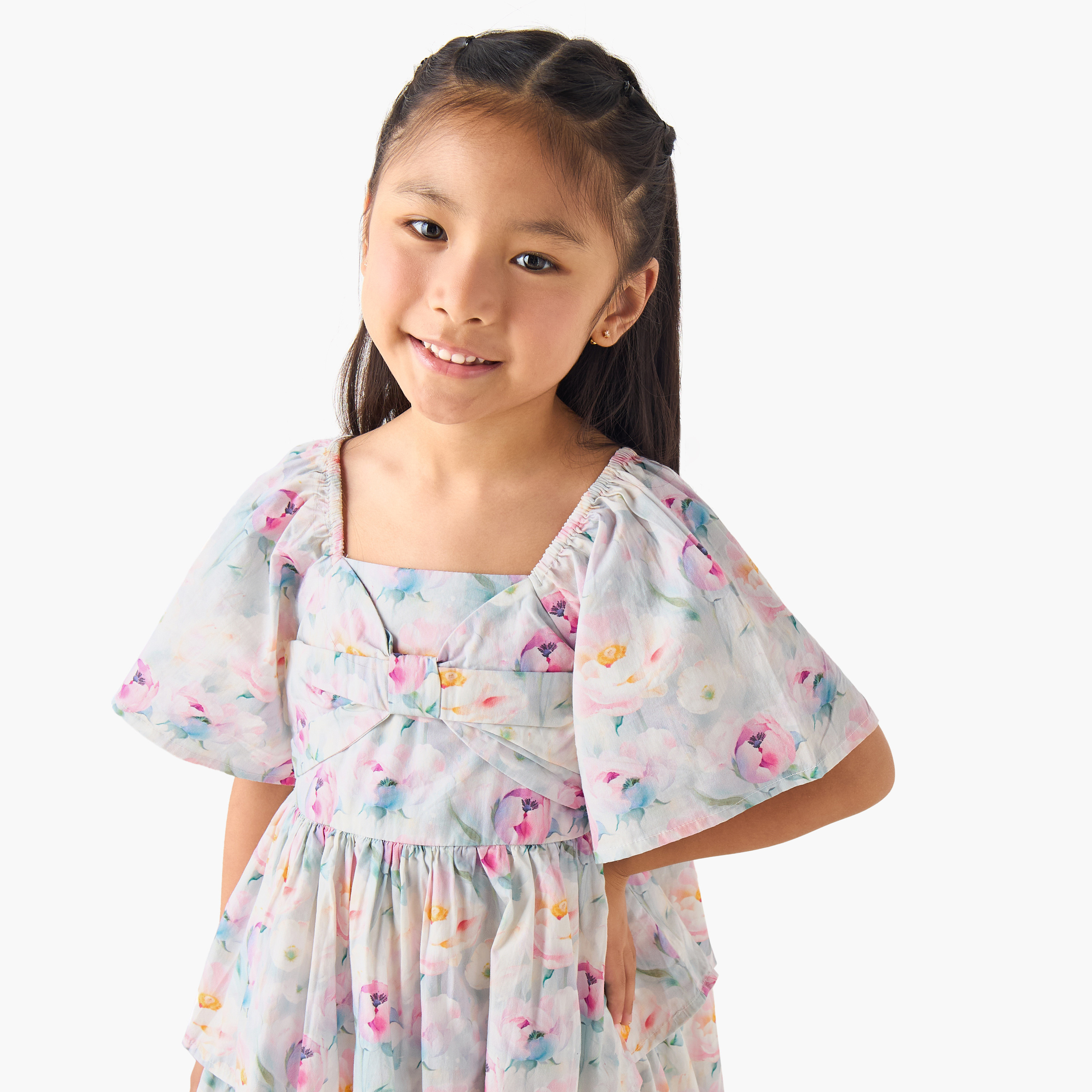 Juniors Square Neck Short Sleeves Tiered A-line Dress with Floral Print-girls-clothing-dressesandjumpsuits-image-4