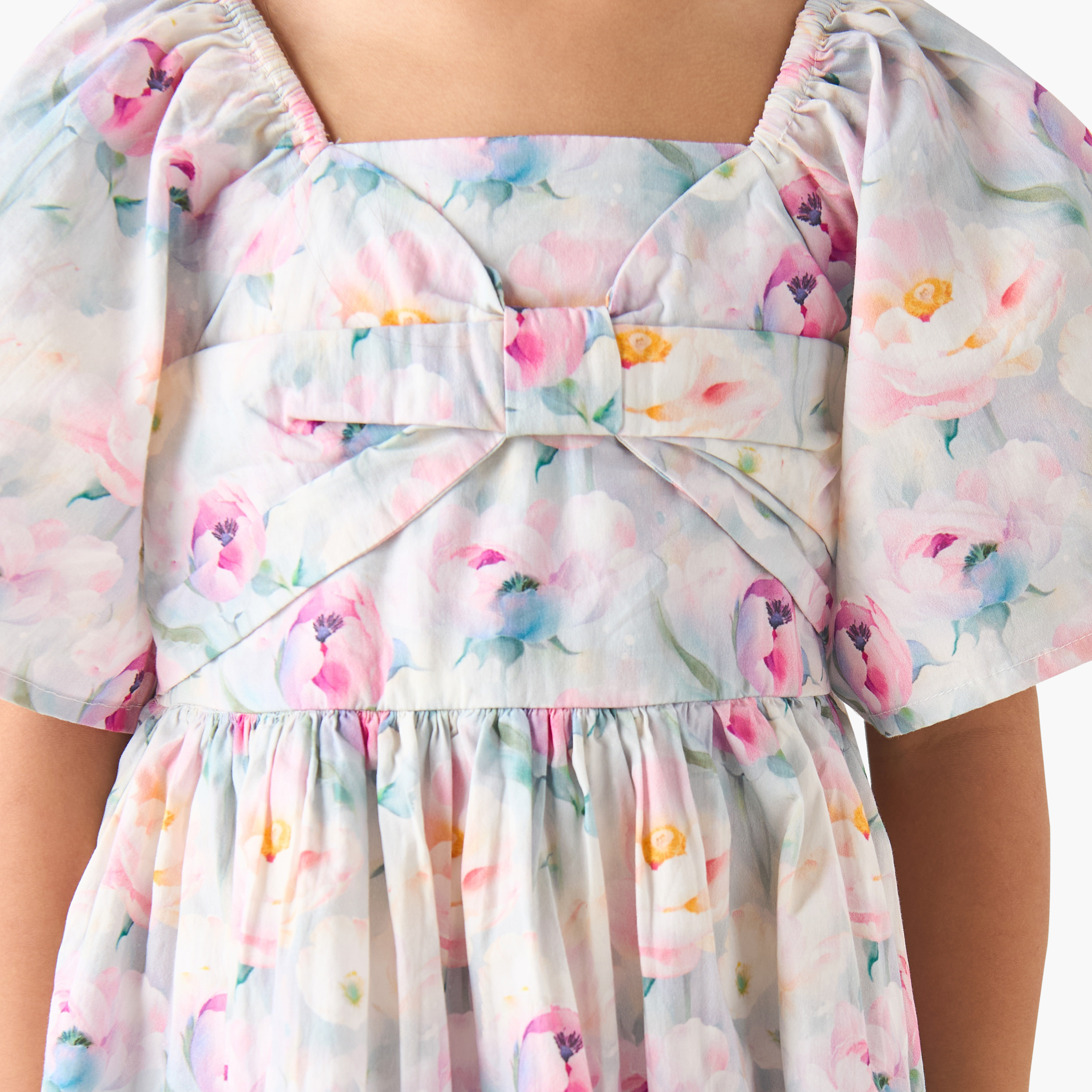 Juniors Square Neck Short Sleeves Tiered A-line Dress with Floral Print-girls-clothing-dressesandjumpsuits-image-5