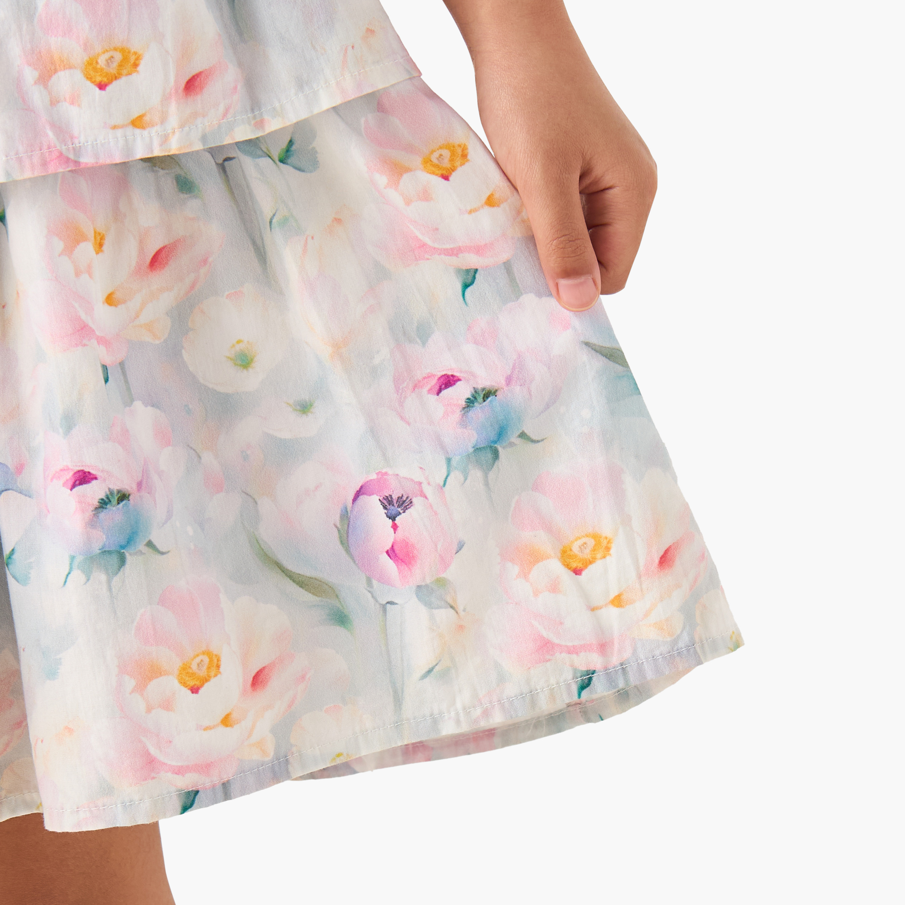 Juniors Square Neck Short Sleeves Tiered A-line Dress with Floral Print-girls-clothing-dressesandjumpsuits-image-6