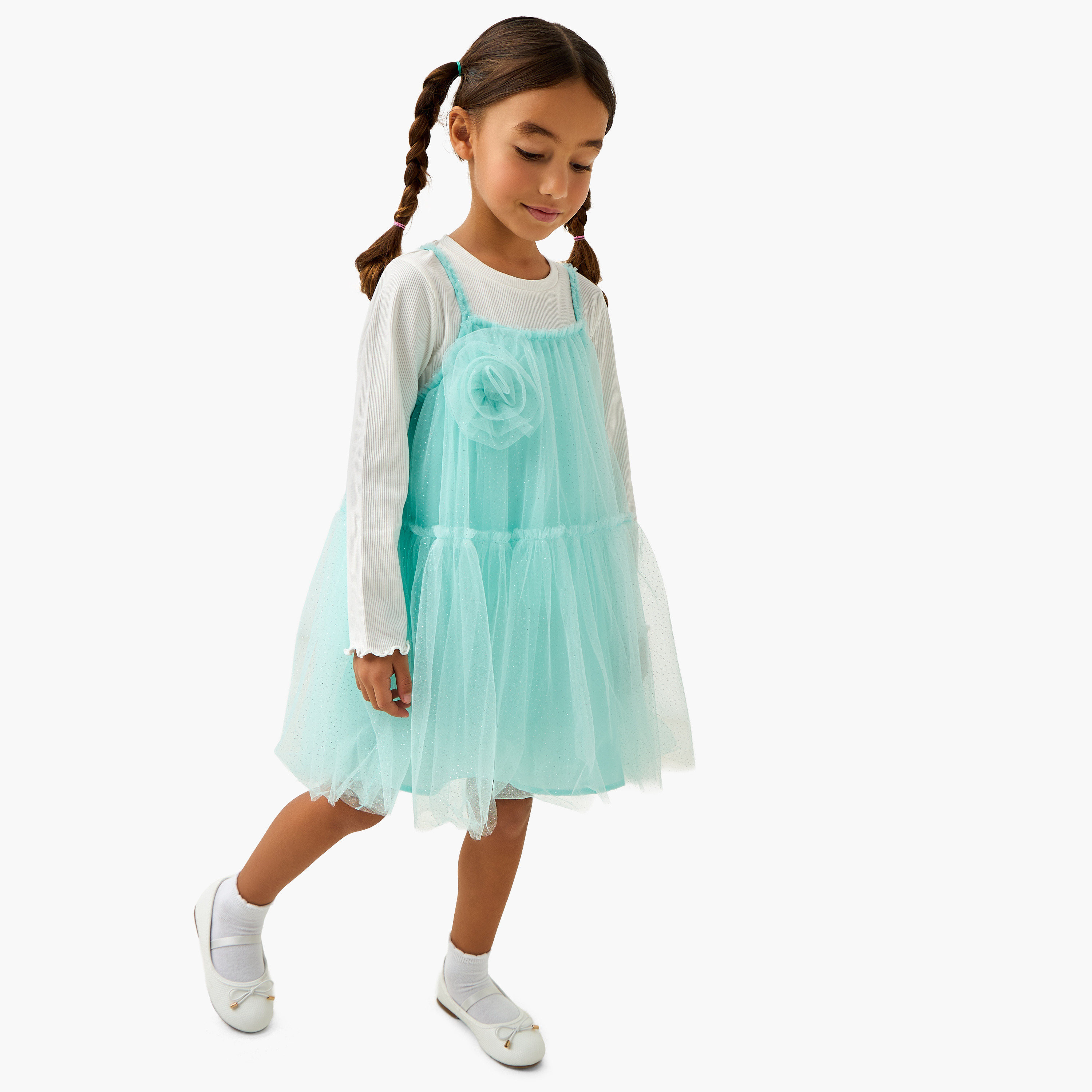 فستان وتيشيرت بياقة مستديرة وأكمام طويلة من جونيورز - طقم من قطعتين-girls-clothing-winterwear-dresses-image-4