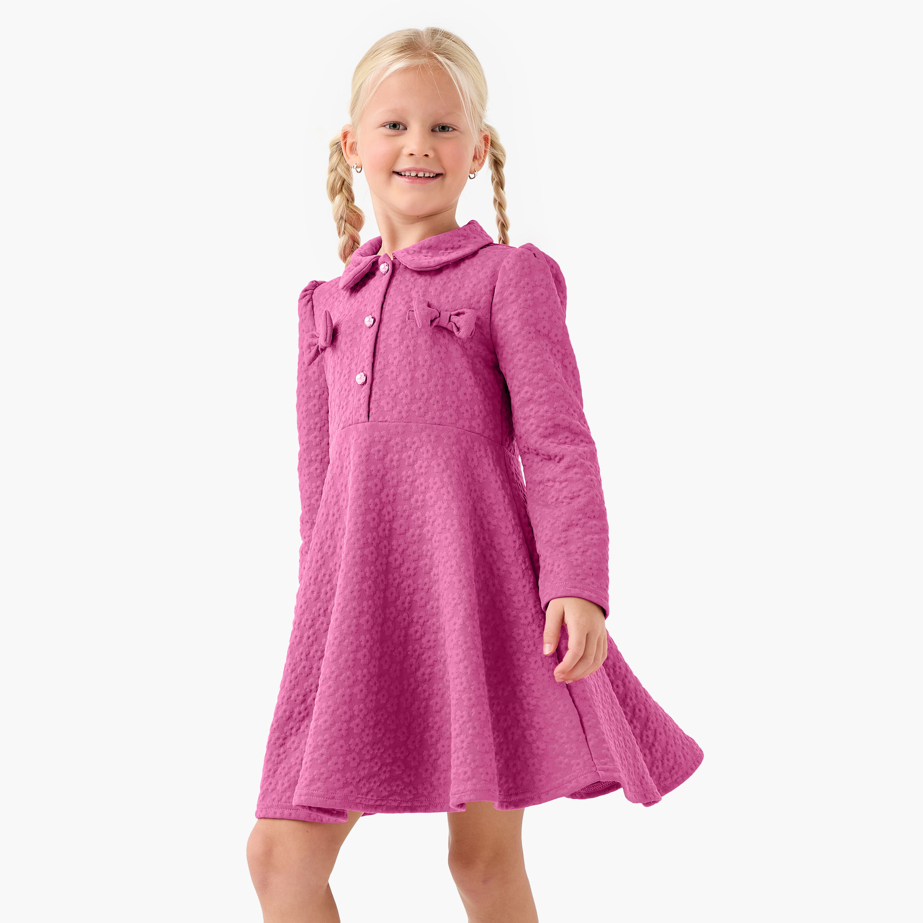 Juniors Collared Long Sleeves Dress with Bow Accent-girls-clothing-winterwear-dresses-image-1