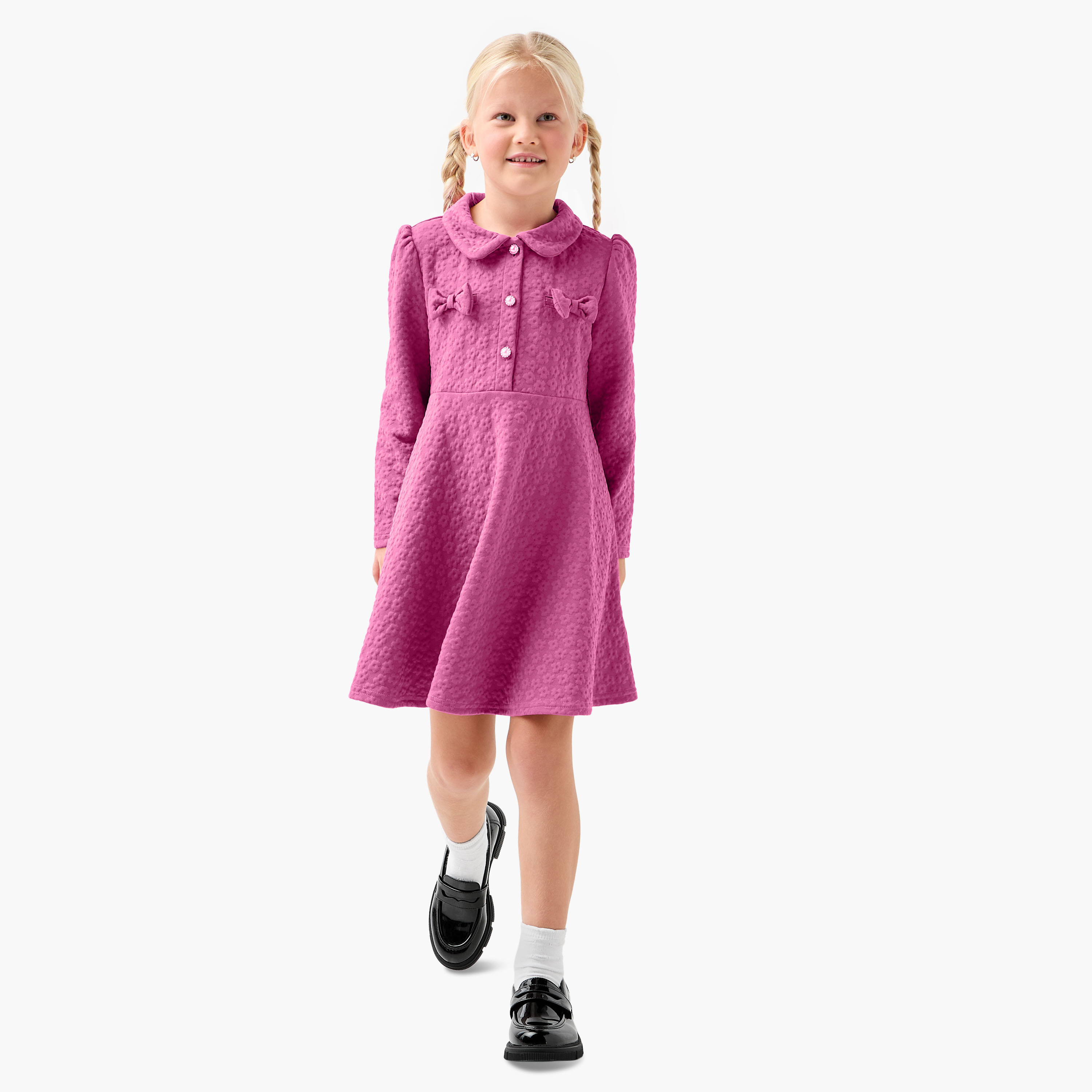 Juniors Collared Long Sleeves Dress with Bow Accent-girls-clothing-winterwear-dresses-image-2