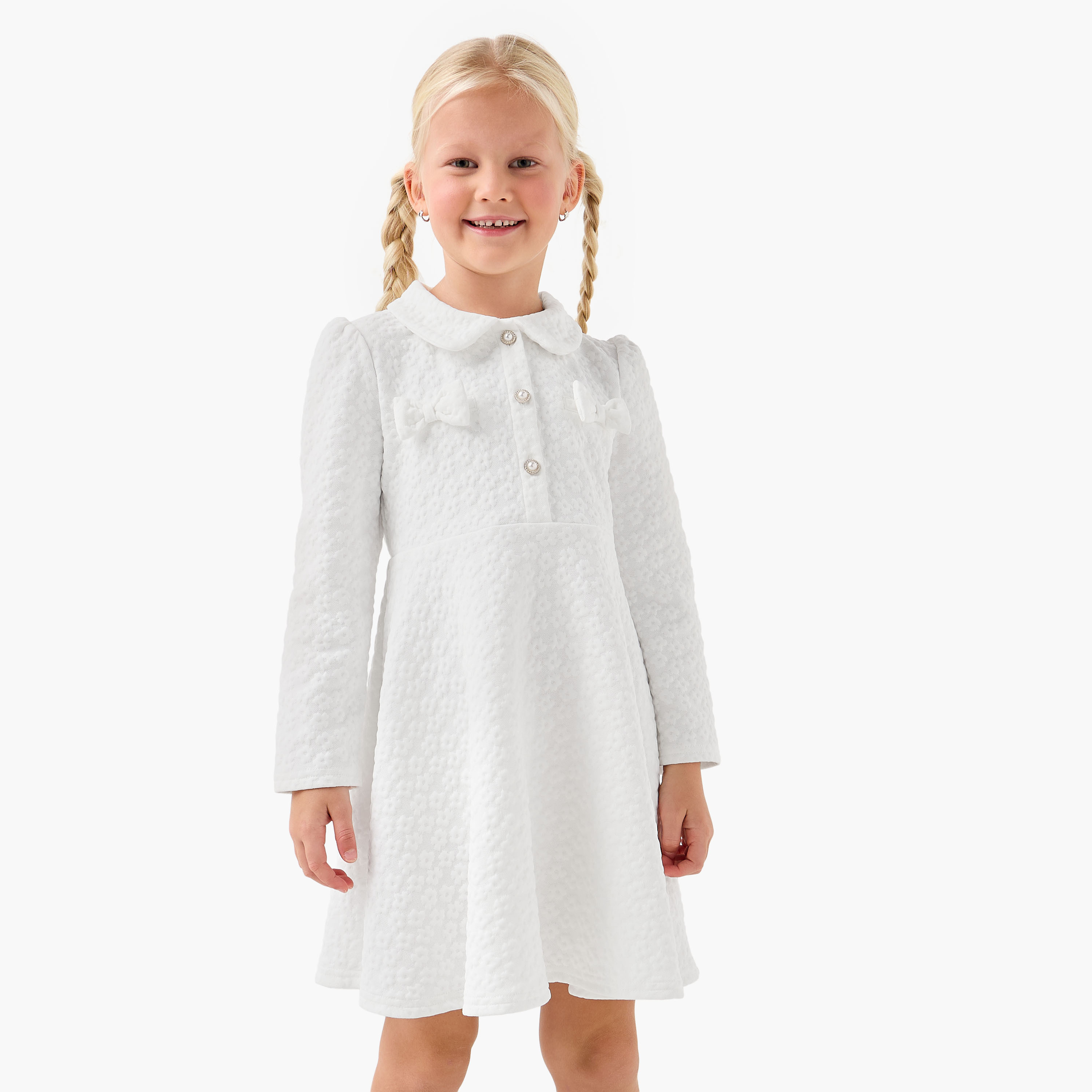 Juniors Collared Long Sleeves Dress with Bow Accent-girls-clothing-winterwear-dresses-image-1