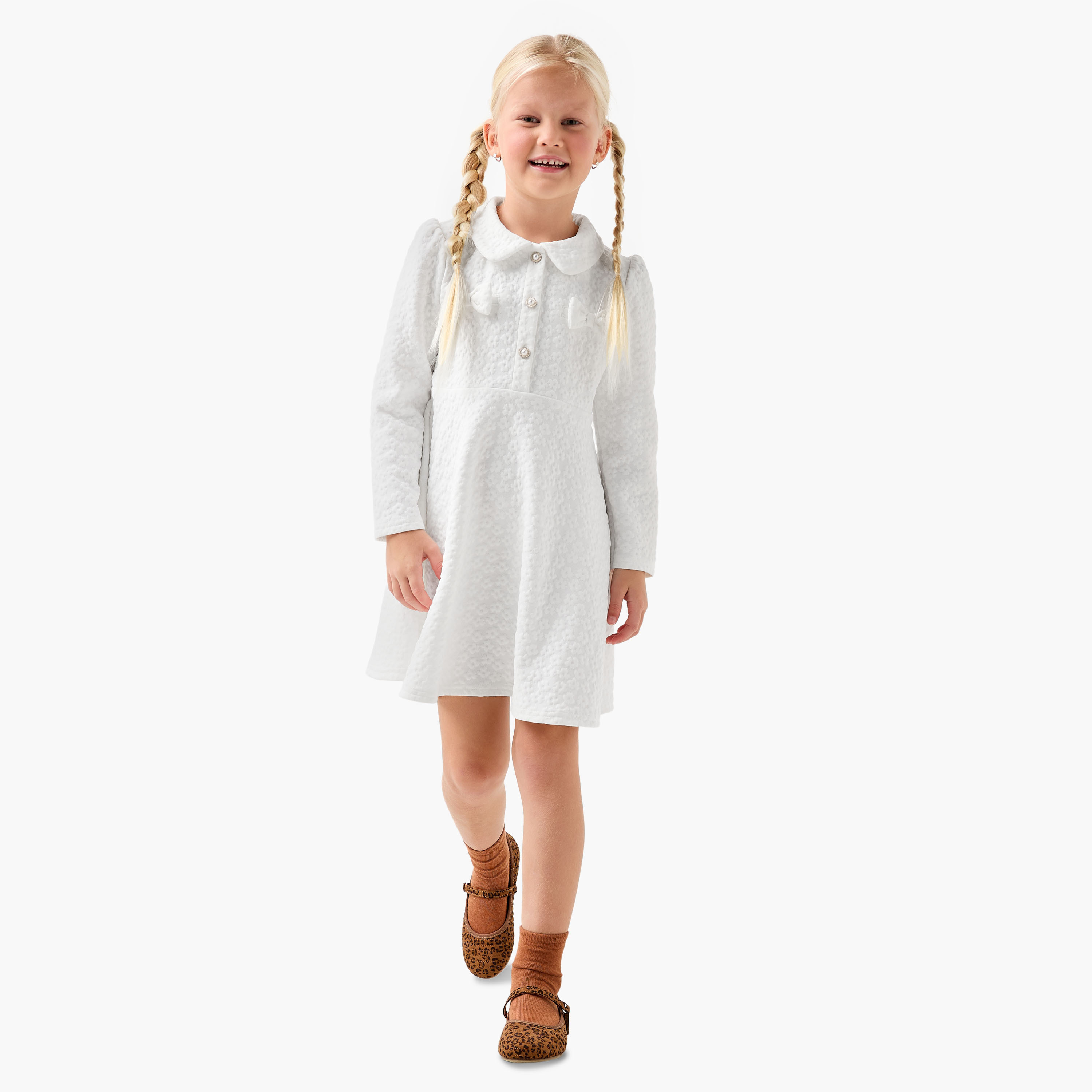 Juniors Collared Long Sleeves Dress with Bow Accent-girls-clothing-winterwear-dresses-image-2