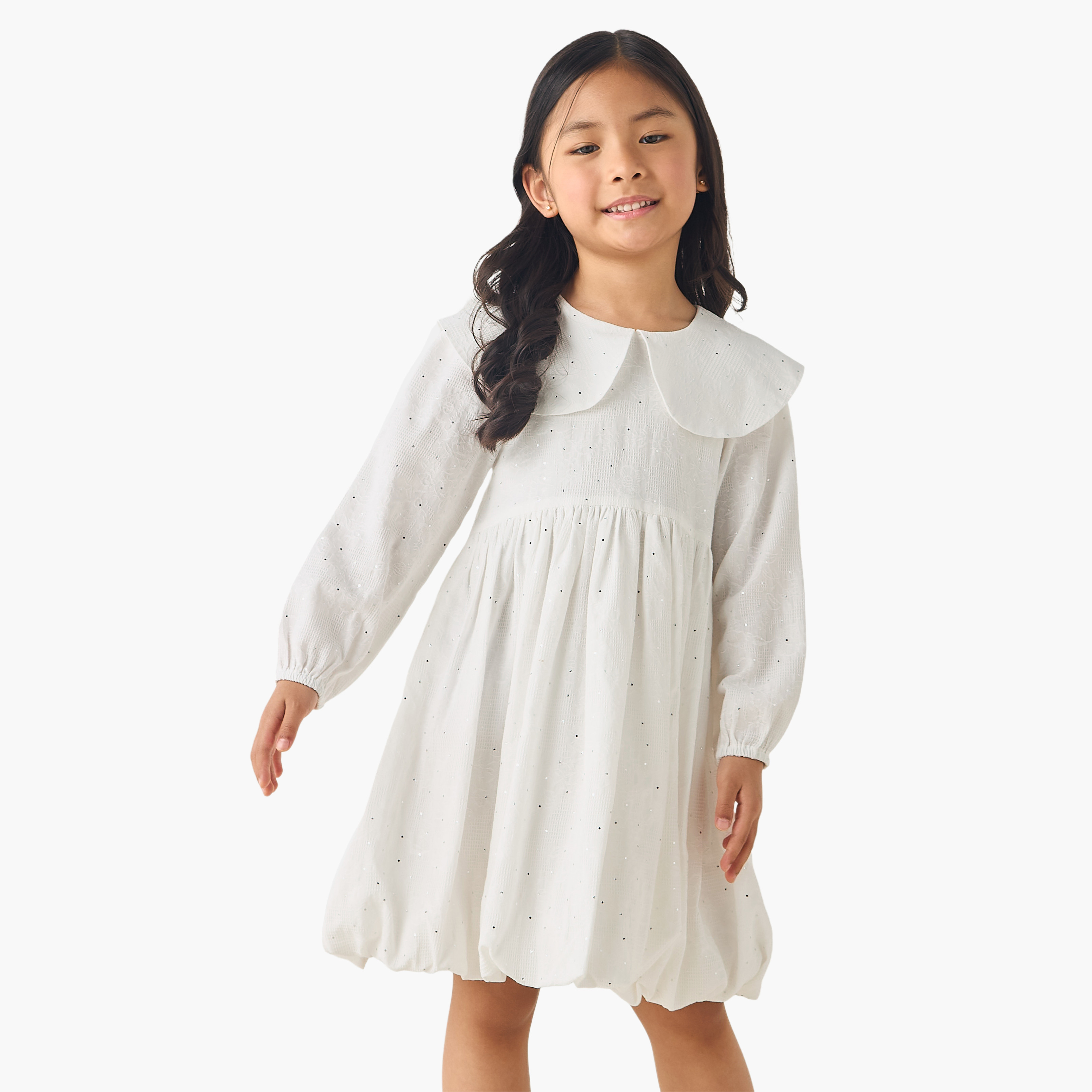 Juniors Peter Pan Collar Long Sleeves Balloon Dress with Embellished Detail-girls-clothing-dressesandjumpsuits-image-1