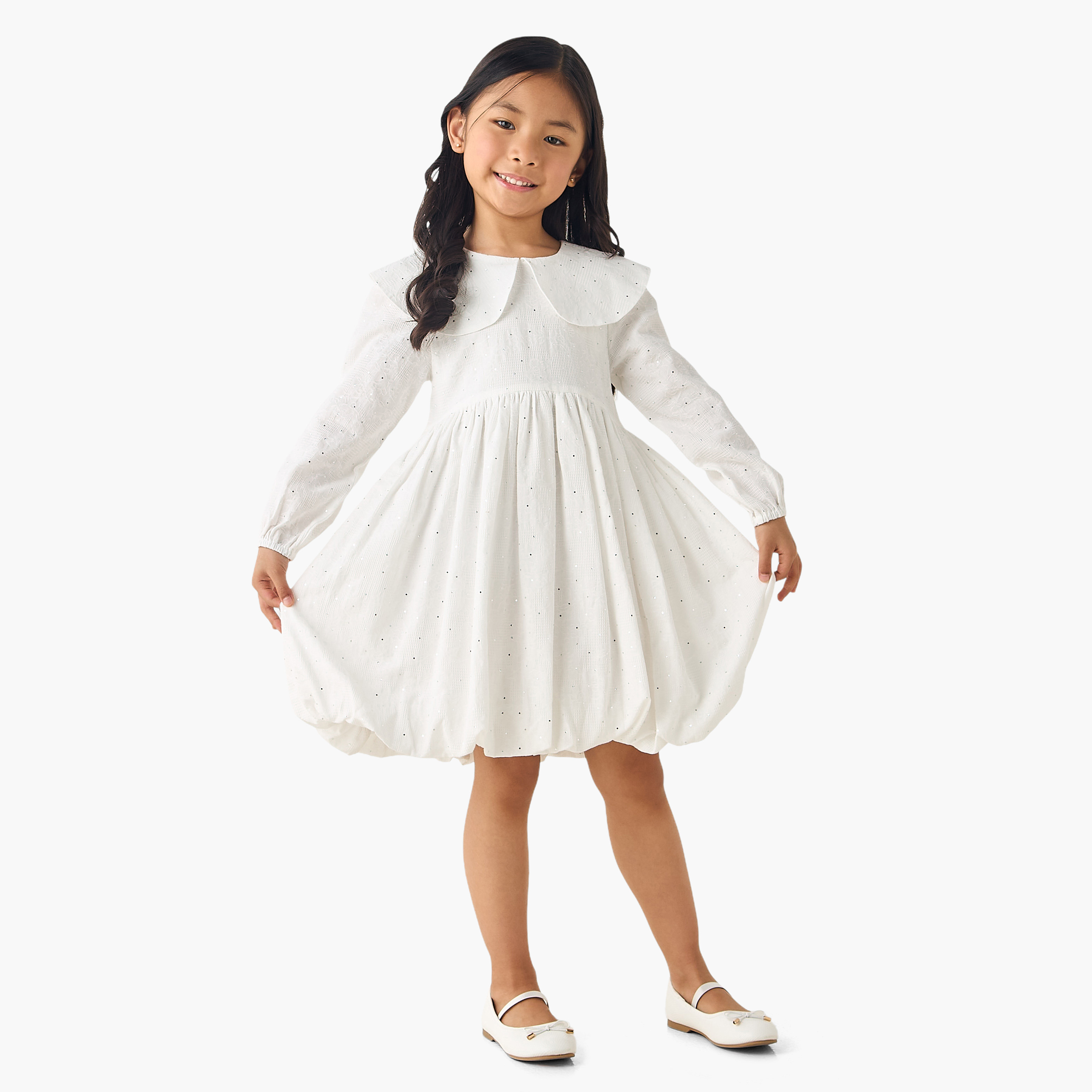 Juniors Peter Pan Collar Long Sleeves Balloon Dress with Embellished Detail-girls-clothing-dressesandjumpsuits-image-2