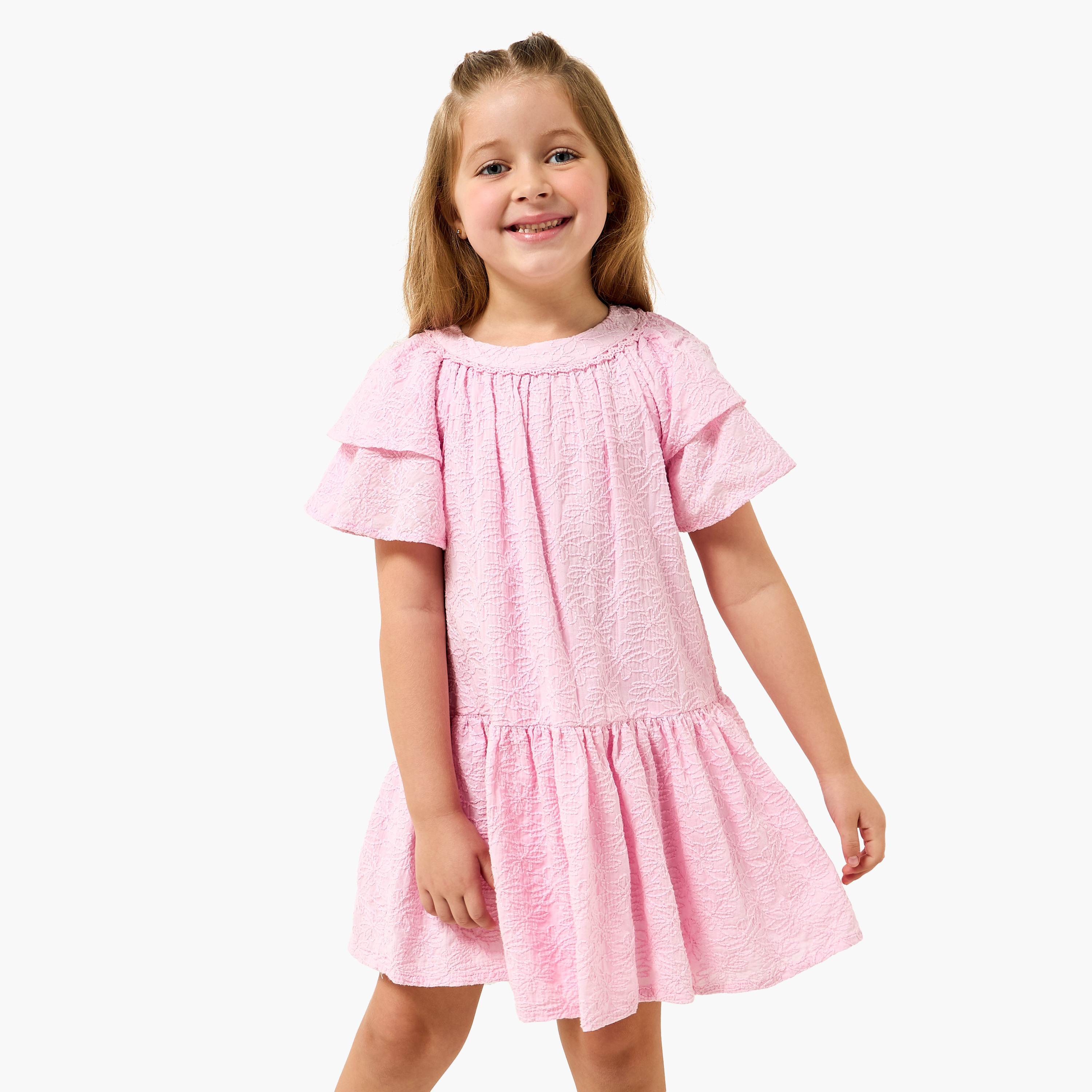 Juniors Round Neck Short Sleeves A-line Dress with Floral Embroidery-girls-clothing-dressesandjumpsuits-image-1