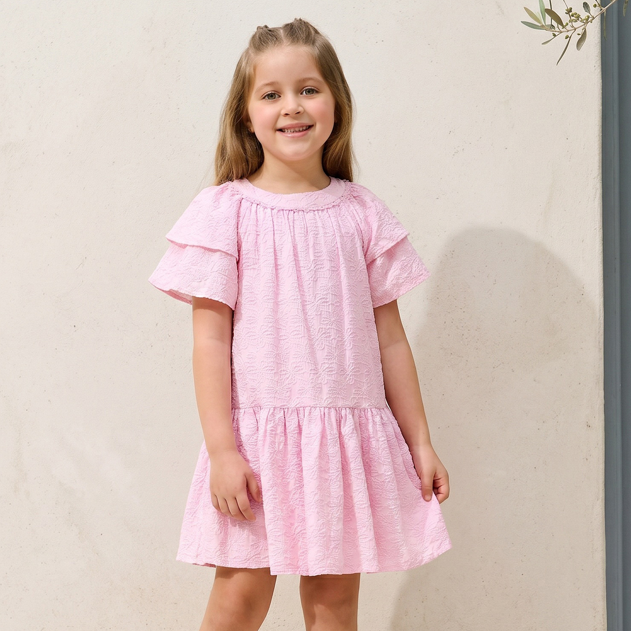Juniors Round Neck Short Sleeves A-line Dress with Floral Embroidery-girls-clothing-dressesandjumpsuits-image-1