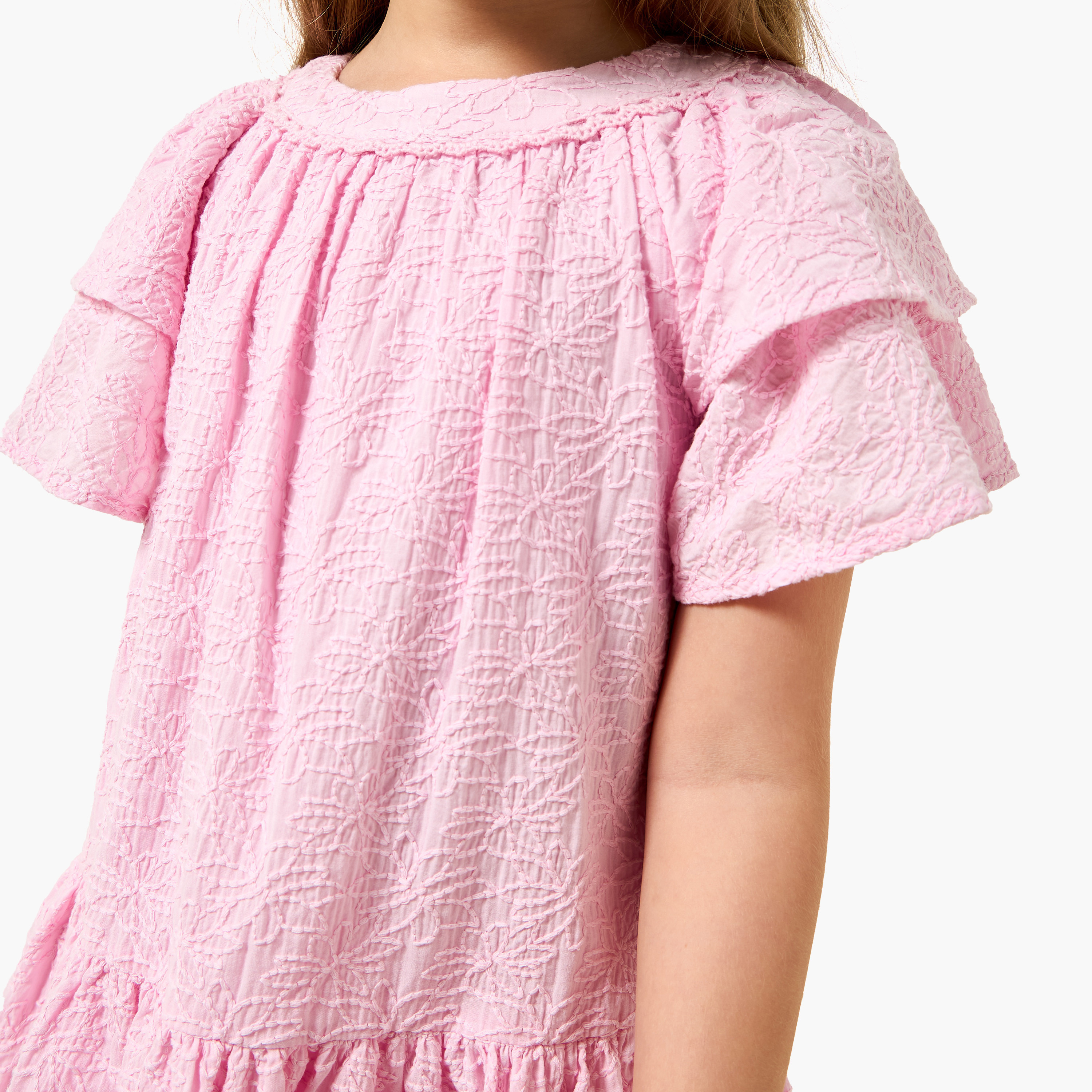 Juniors Round Neck Short Sleeves A-line Dress with Floral Embroidery-girls-clothing-dressesandjumpsuits-image-4