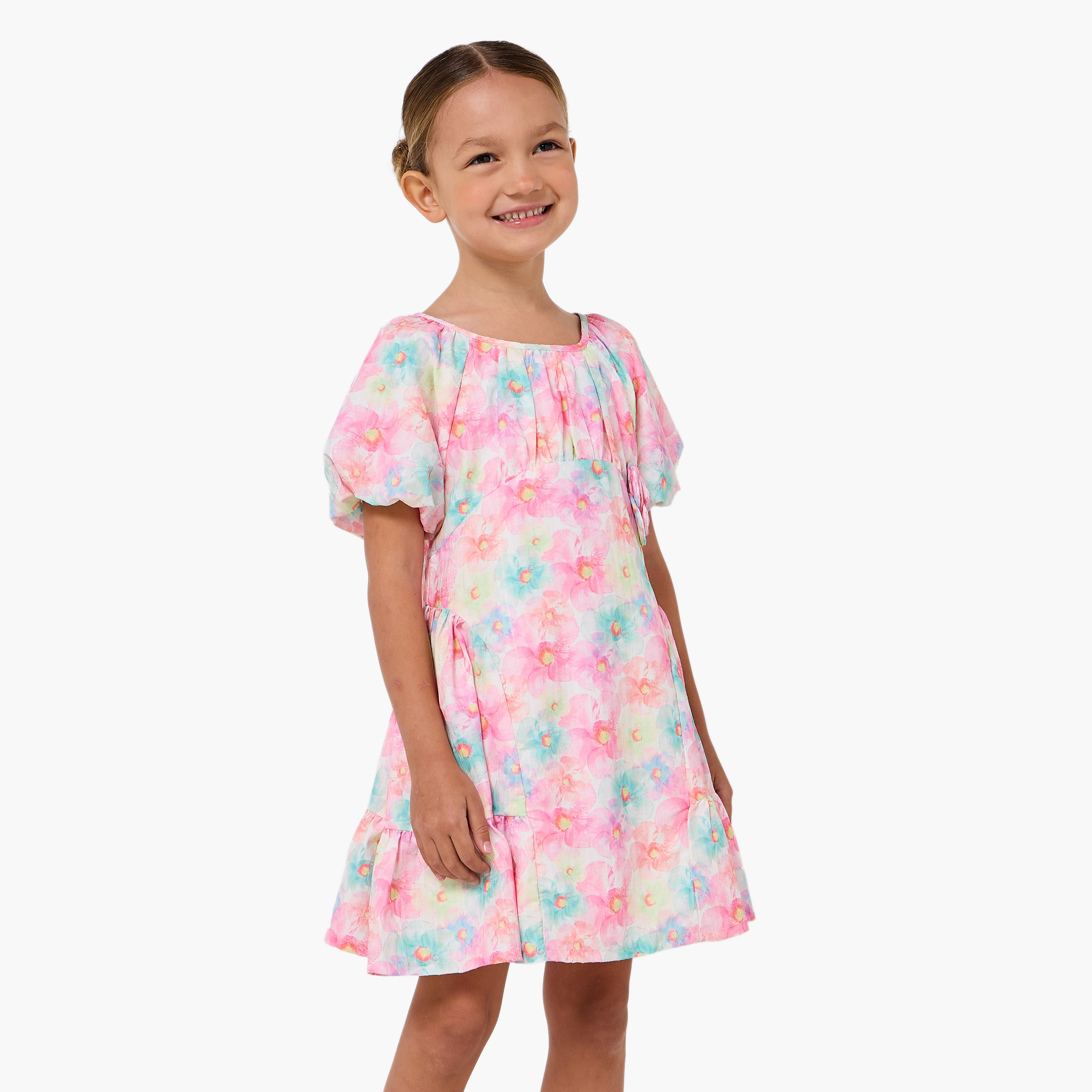 Juniors Round Neck Short Sleeves A-line Dress with Floral Print-girls-clothing-dressesandjumpsuits-image-1