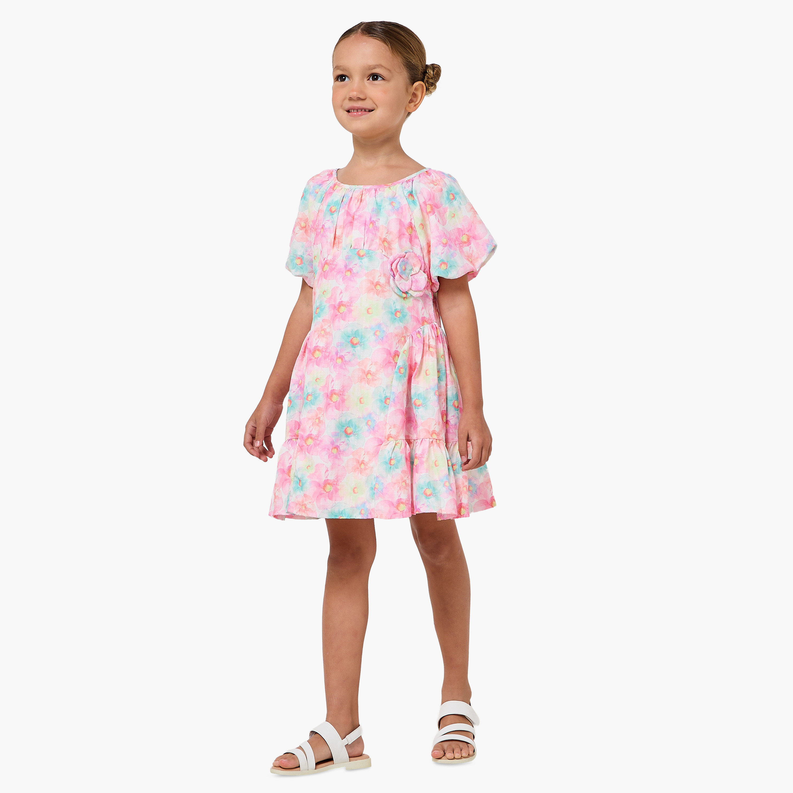 Juniors Round Neck Short Sleeves A-line Dress with Floral Print-girls-clothing-dressesandjumpsuits-image-2