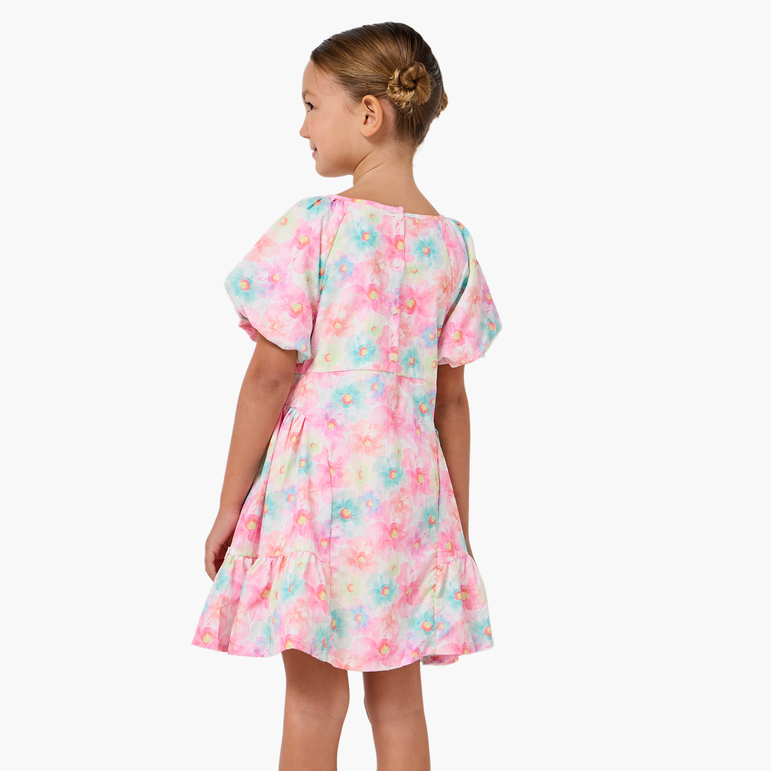 Juniors Round Neck Short Sleeves A-line Dress with Floral Print-girls-clothing-dressesandjumpsuits-image-3