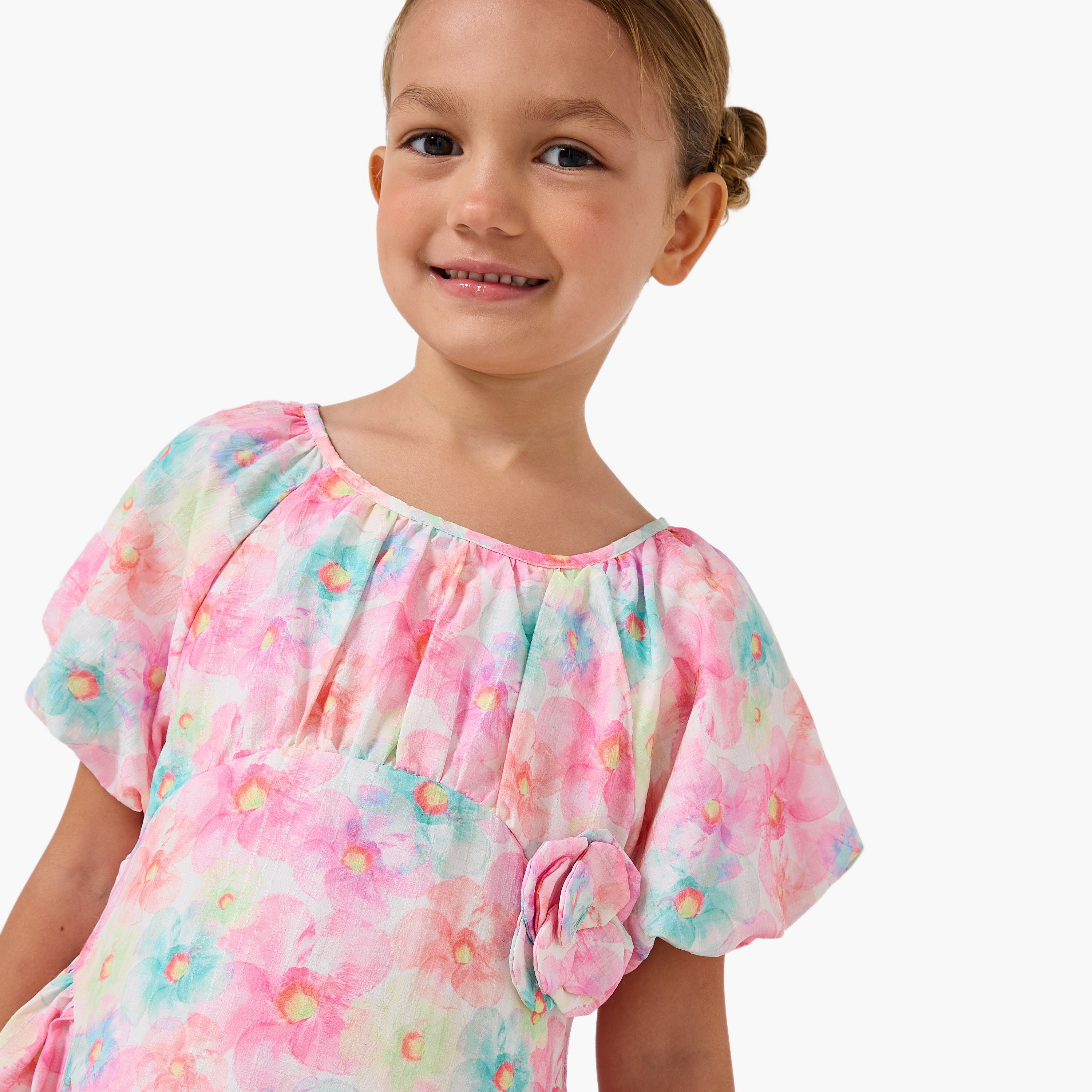 Juniors Round Neck Short Sleeves A-line Dress with Floral Print-girls-clothing-dressesandjumpsuits-image-4