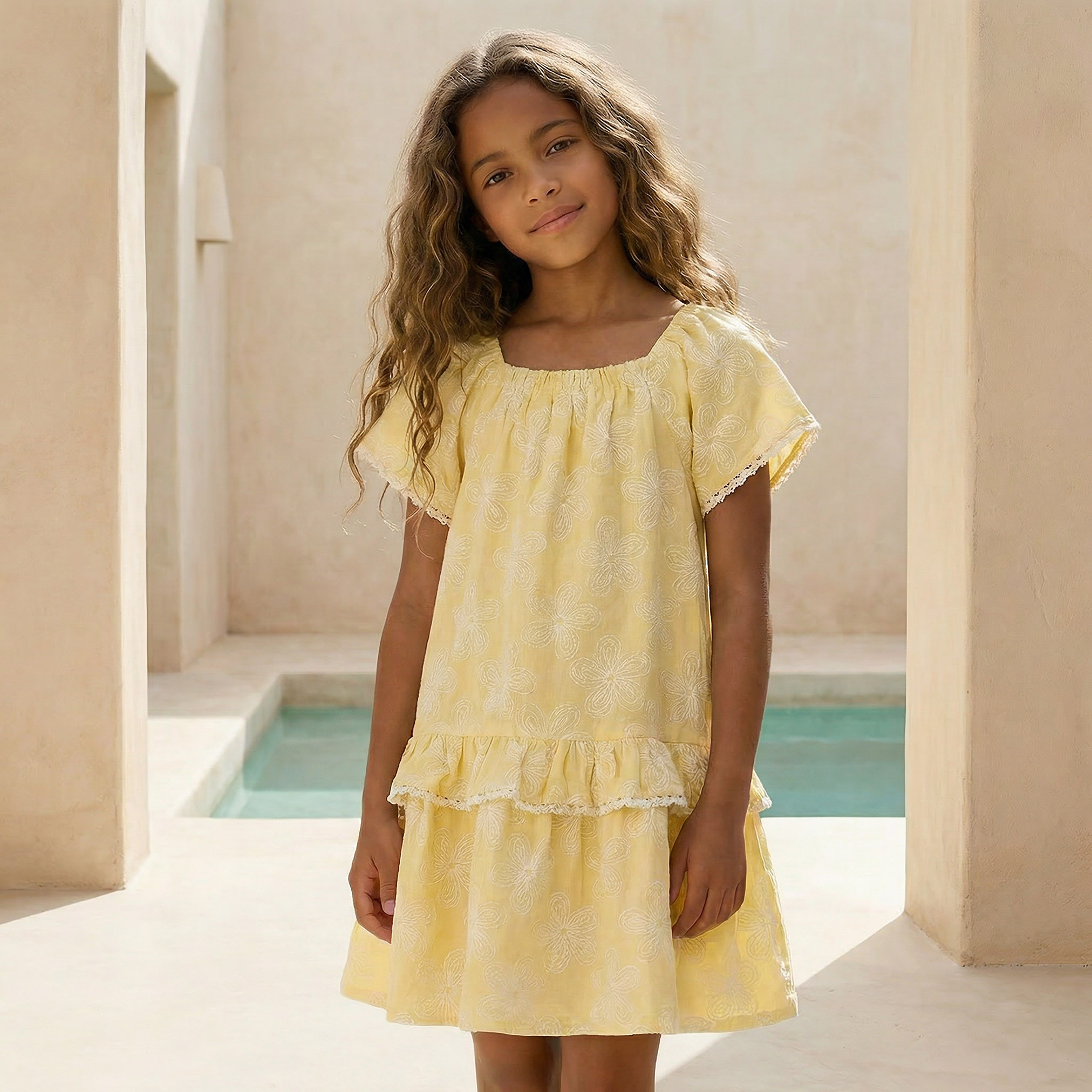 Juniors Square Neck Short Sleeves Knee Length Dress with Floral Print-girls-clothing-dressesandjumpsuits-image-1