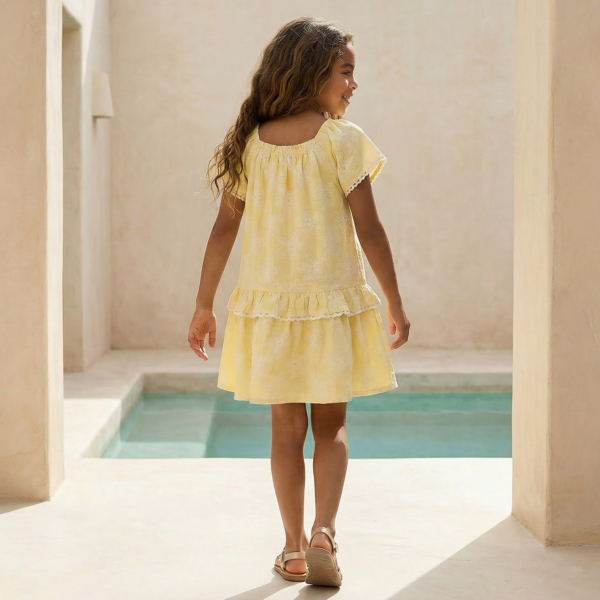 Juniors Square Neck Short Sleeves Knee Length Dress with Floral Print-girls-clothing-dressesandjumpsuits-image-2