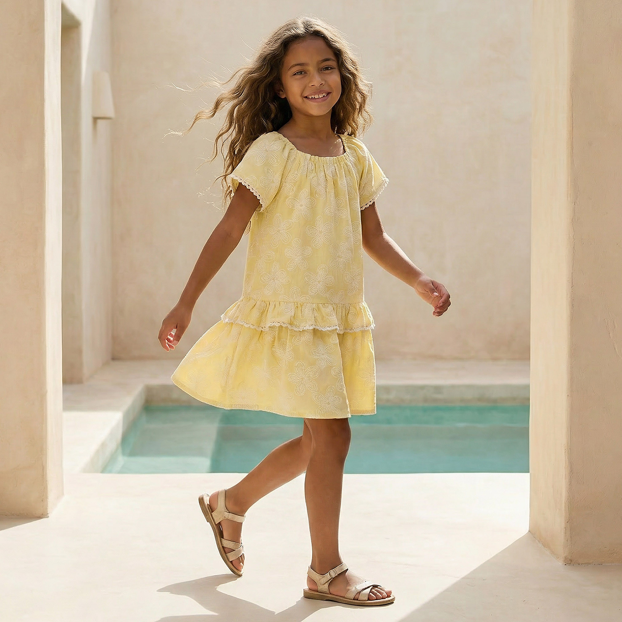 Juniors Square Neck Short Sleeves Knee Length Dress with Floral Print-girls-clothing-dressesandjumpsuits-image-3