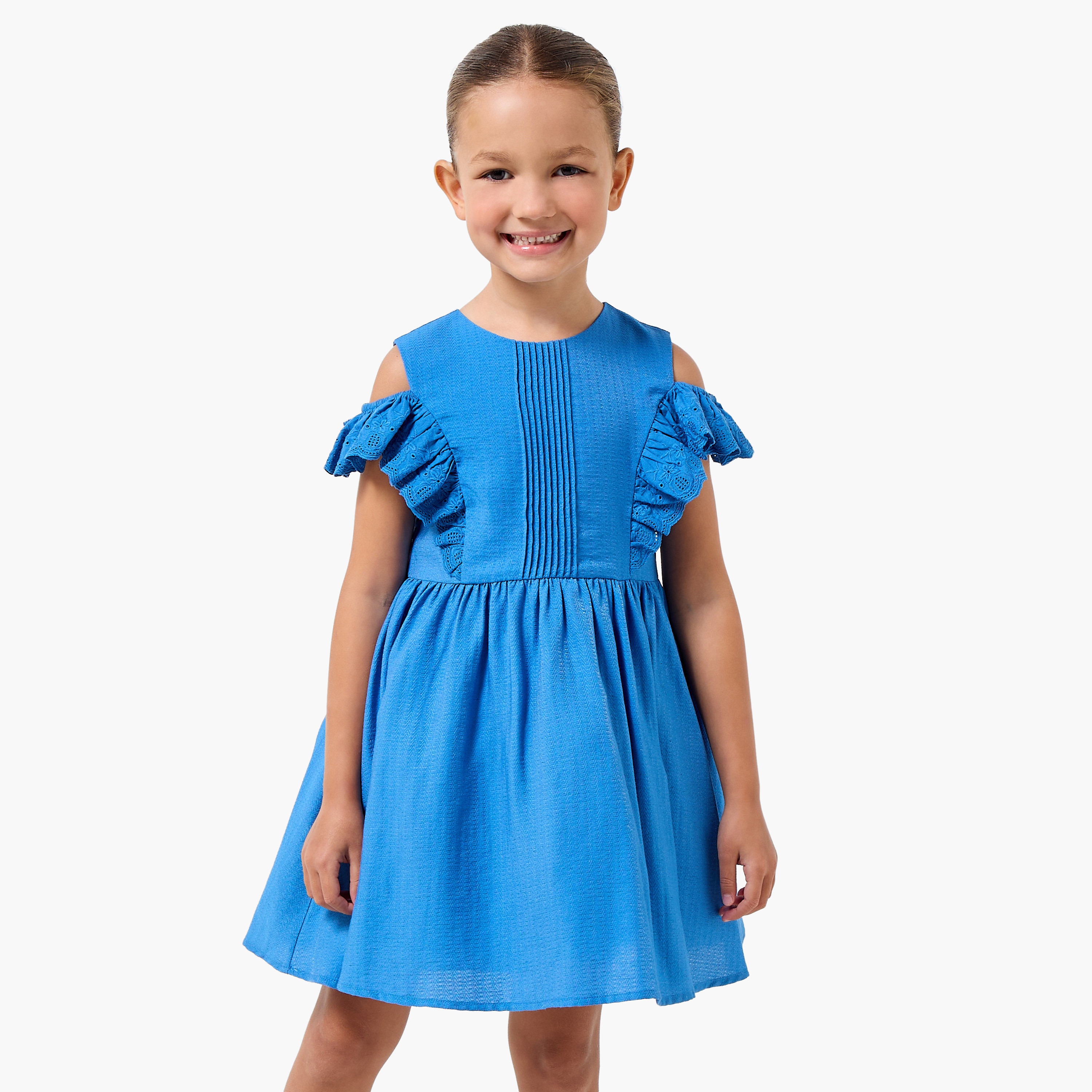 Juniors Round Neck Cold Shoulder Knee Length A-line Dress with Pleated Detail-girls-clothing-dressesandjumpsuits-image-1