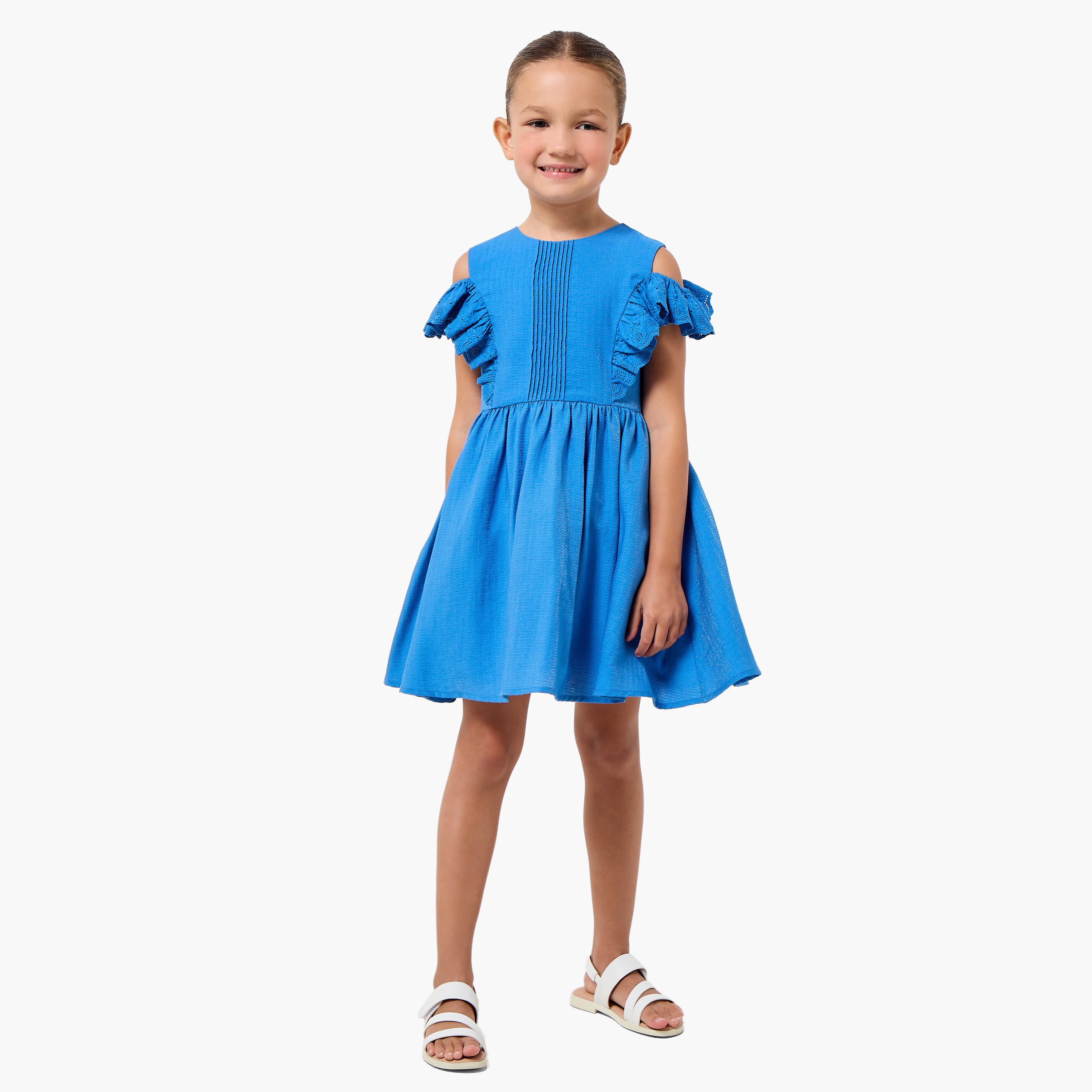 Juniors Round Neck Cold Shoulder Knee Length A-line Dress with Pleated Detail-girls-clothing-dressesandjumpsuits-image-2
