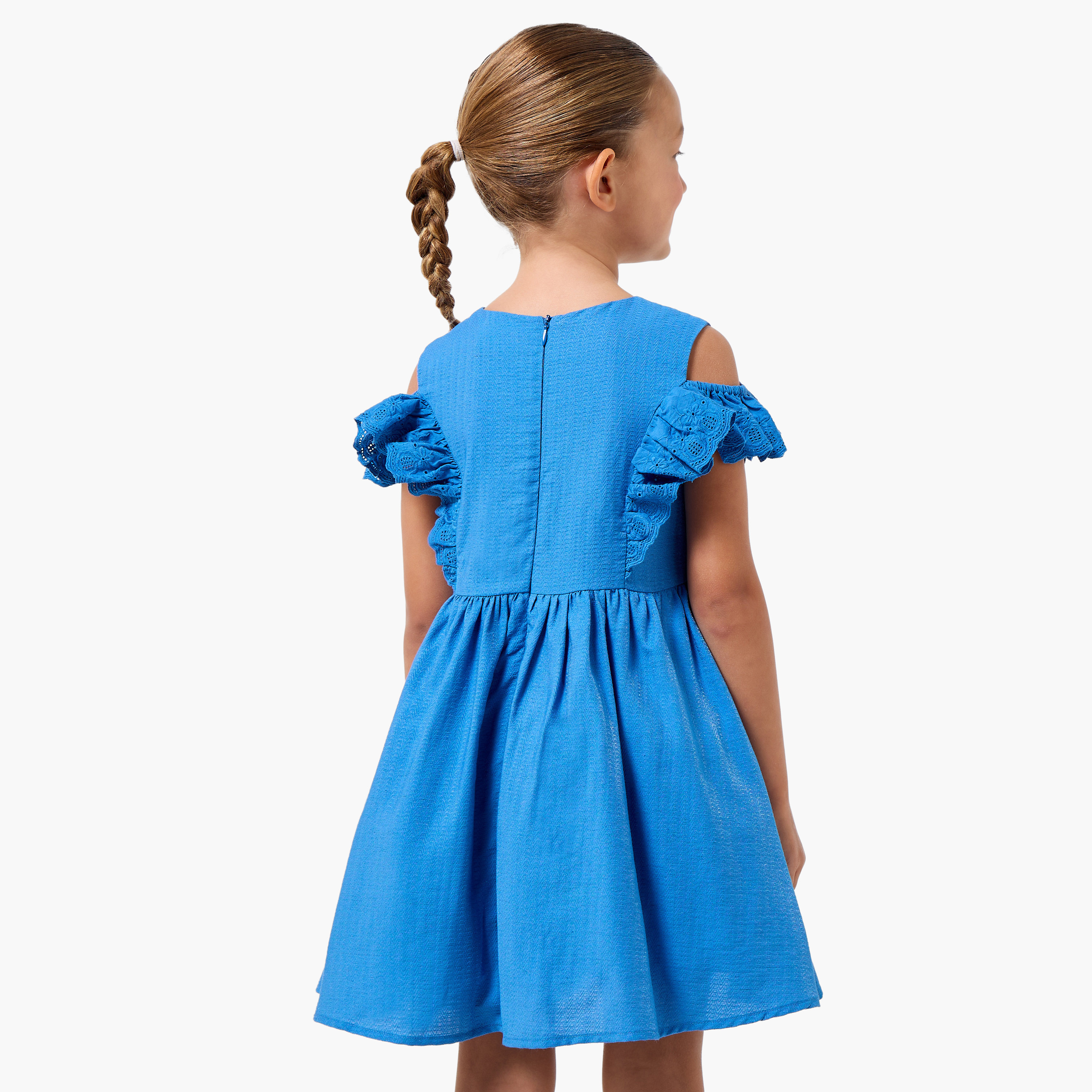Juniors Round Neck Cold Shoulder Knee Length A-line Dress with Pleated Detail-girls-clothing-dressesandjumpsuits-image-3