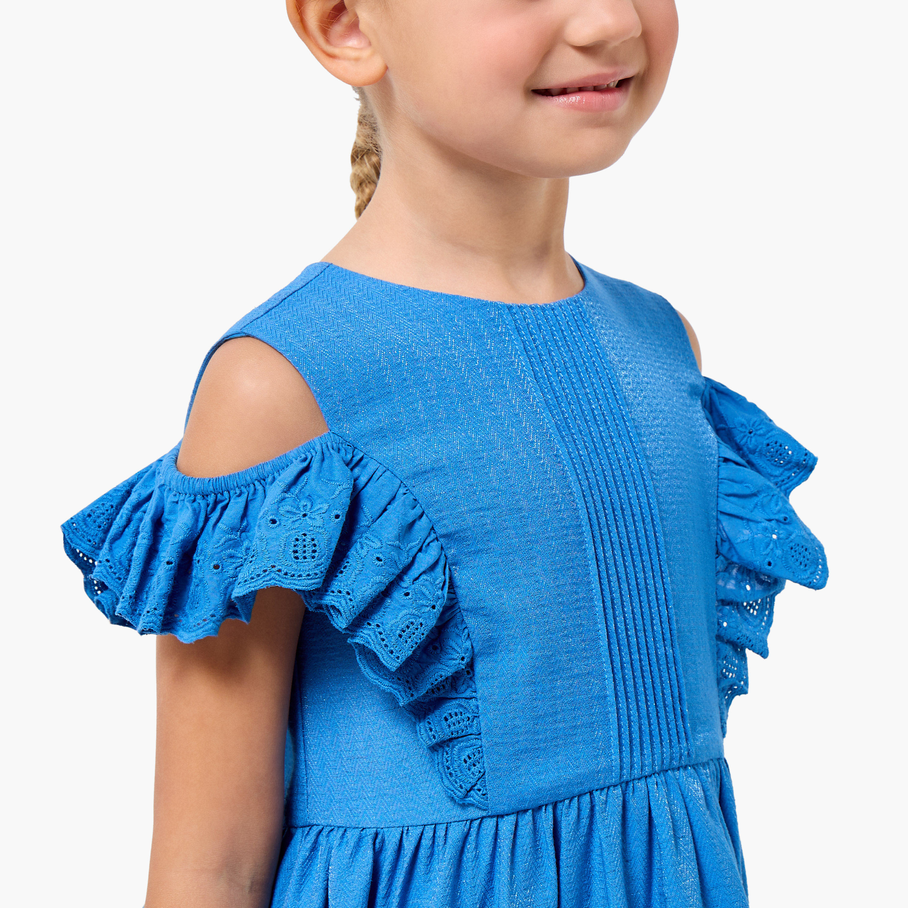 Juniors Round Neck Cold Shoulder Knee Length A-line Dress with Pleated Detail-girls-clothing-dressesandjumpsuits-image-4