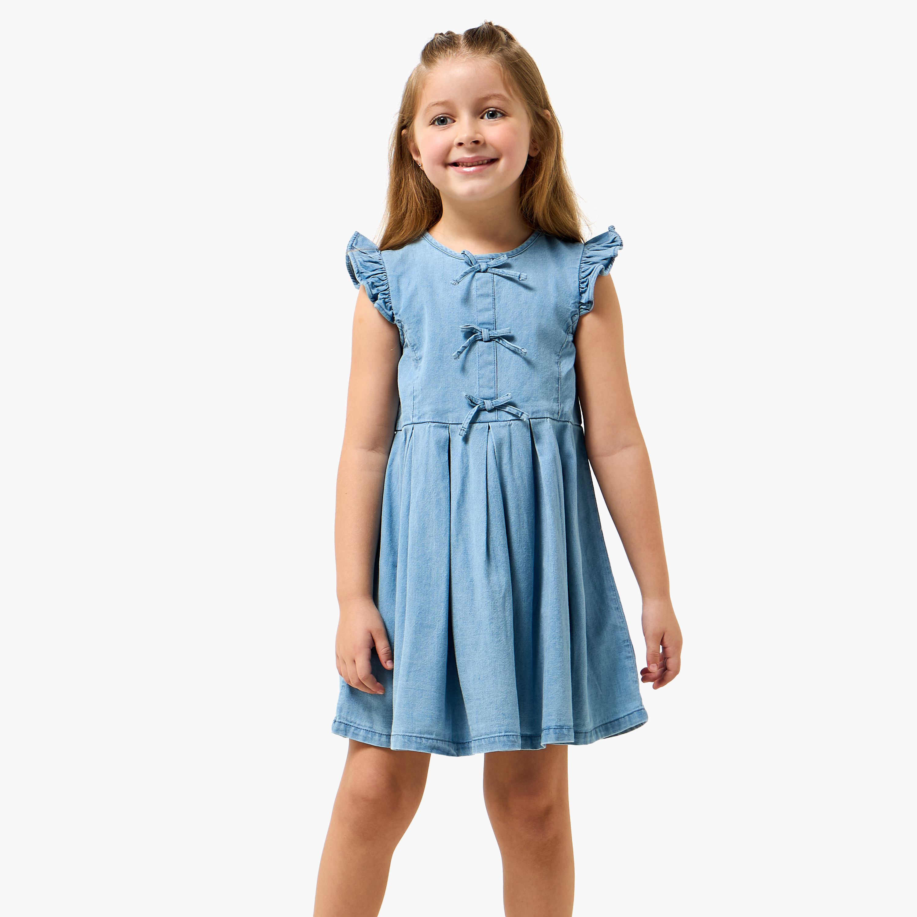 Juniors Round Neck Sleeveless A-line Denim Dress with Bow Detail-girls-clothing-dressesandjumpsuits-image-1