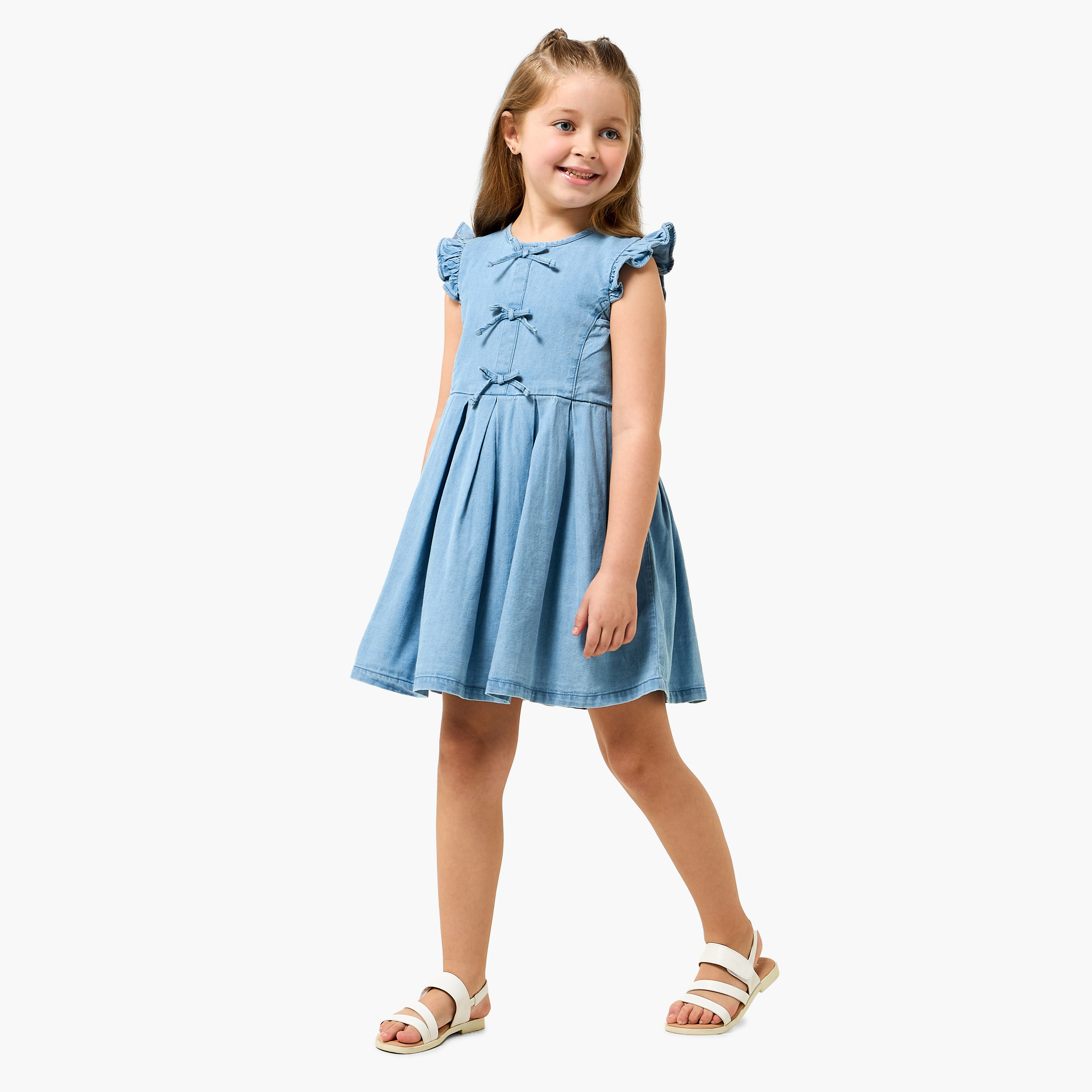 Juniors Round Neck Sleeveless A-line Denim Dress with Bow Detail-girls-clothing-dressesandjumpsuits-image-2