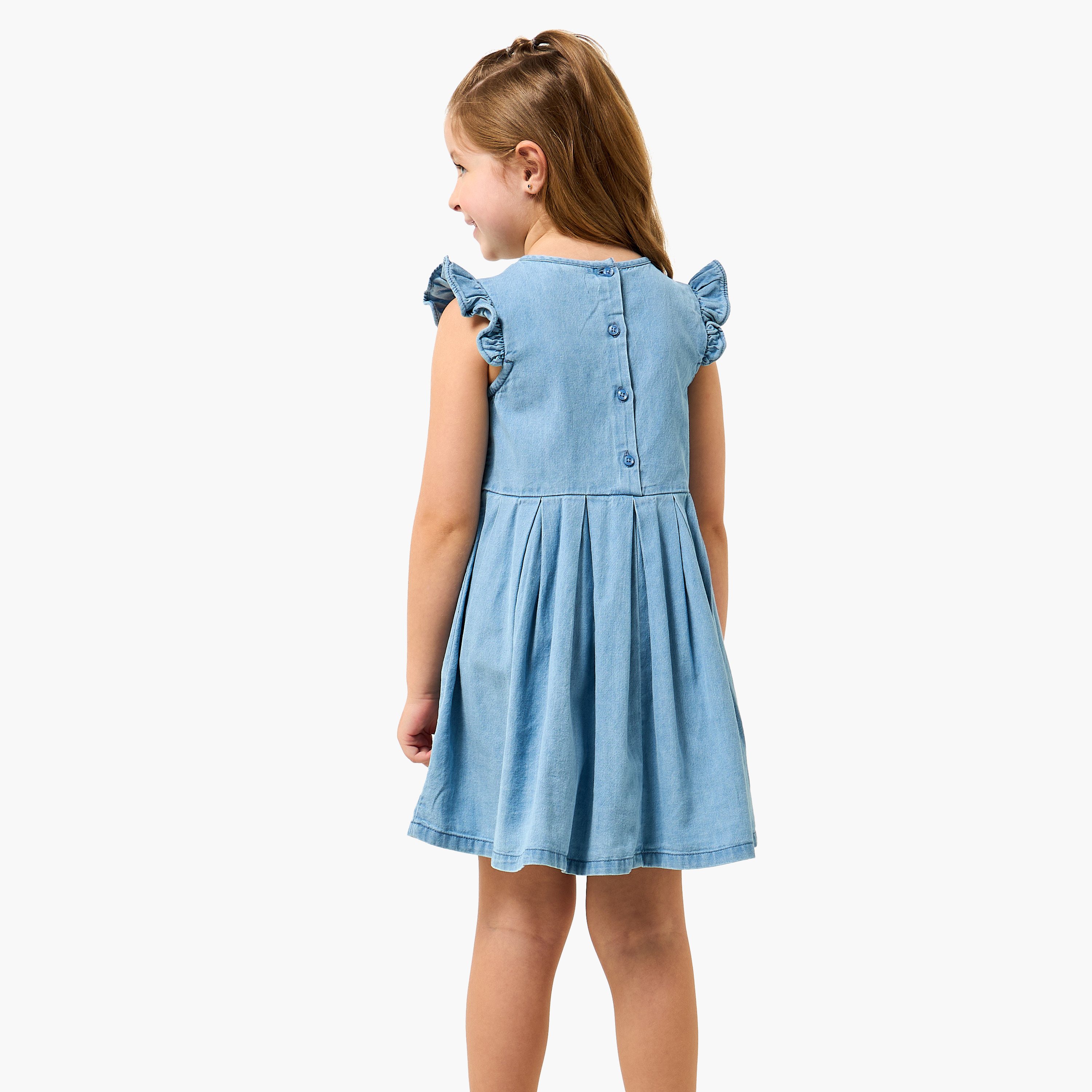 Juniors Round Neck Sleeveless A-line Denim Dress with Bow Detail-girls-clothing-dressesandjumpsuits-image-3