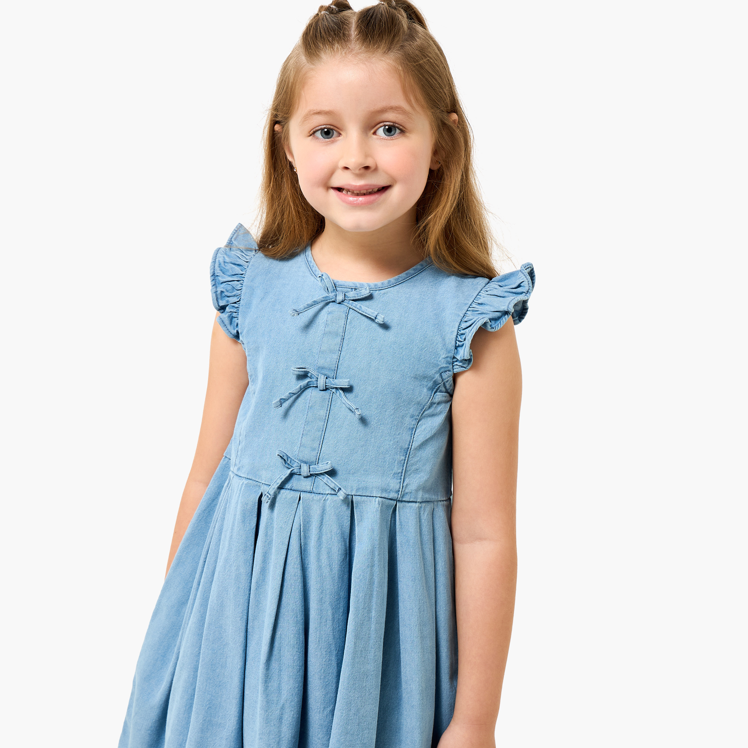 Juniors Round Neck Sleeveless A-line Denim Dress with Bow Detail-girls-clothing-dressesandjumpsuits-image-4