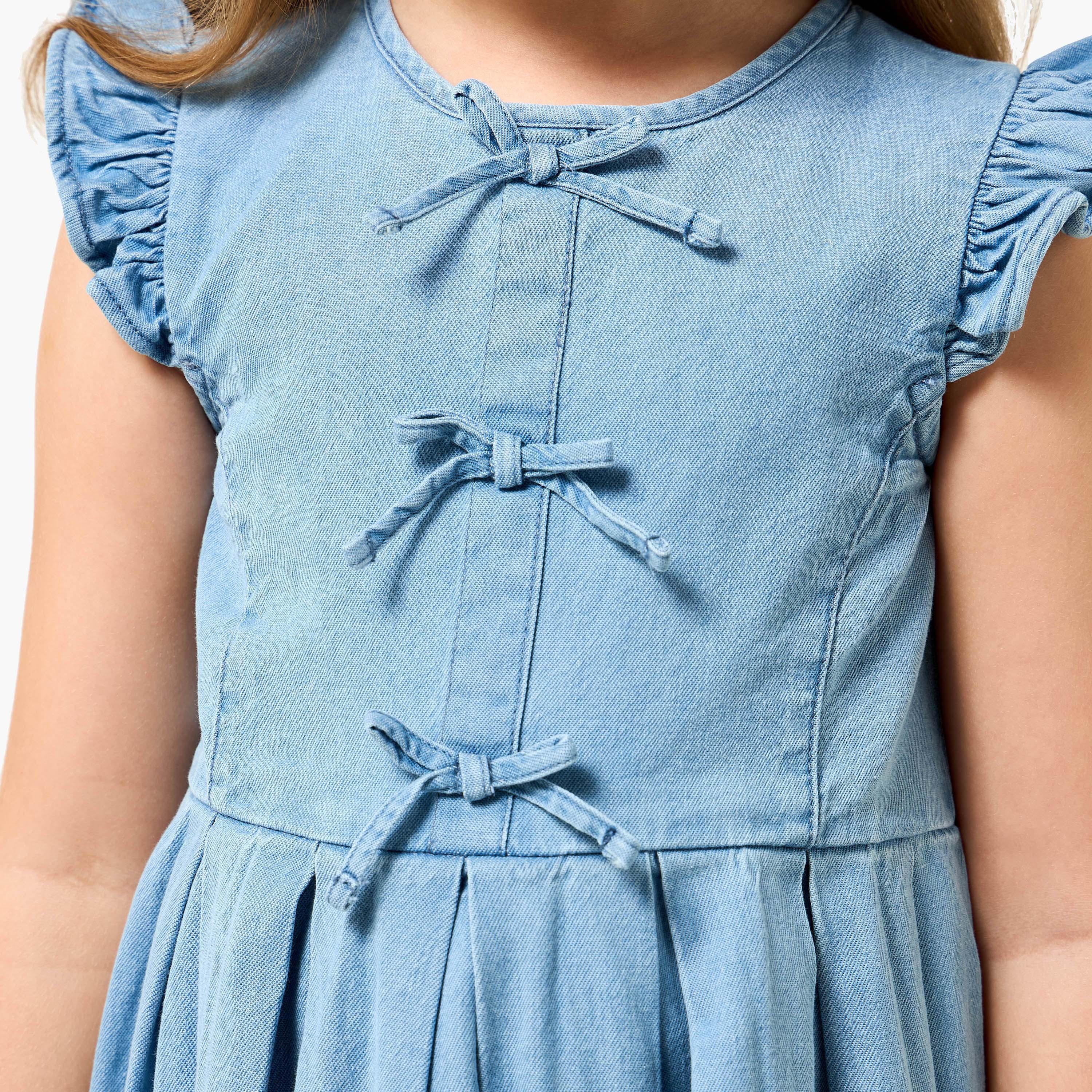 Juniors Round Neck Sleeveless A-line Denim Dress with Bow Detail-girls-clothing-dressesandjumpsuits-image-5
