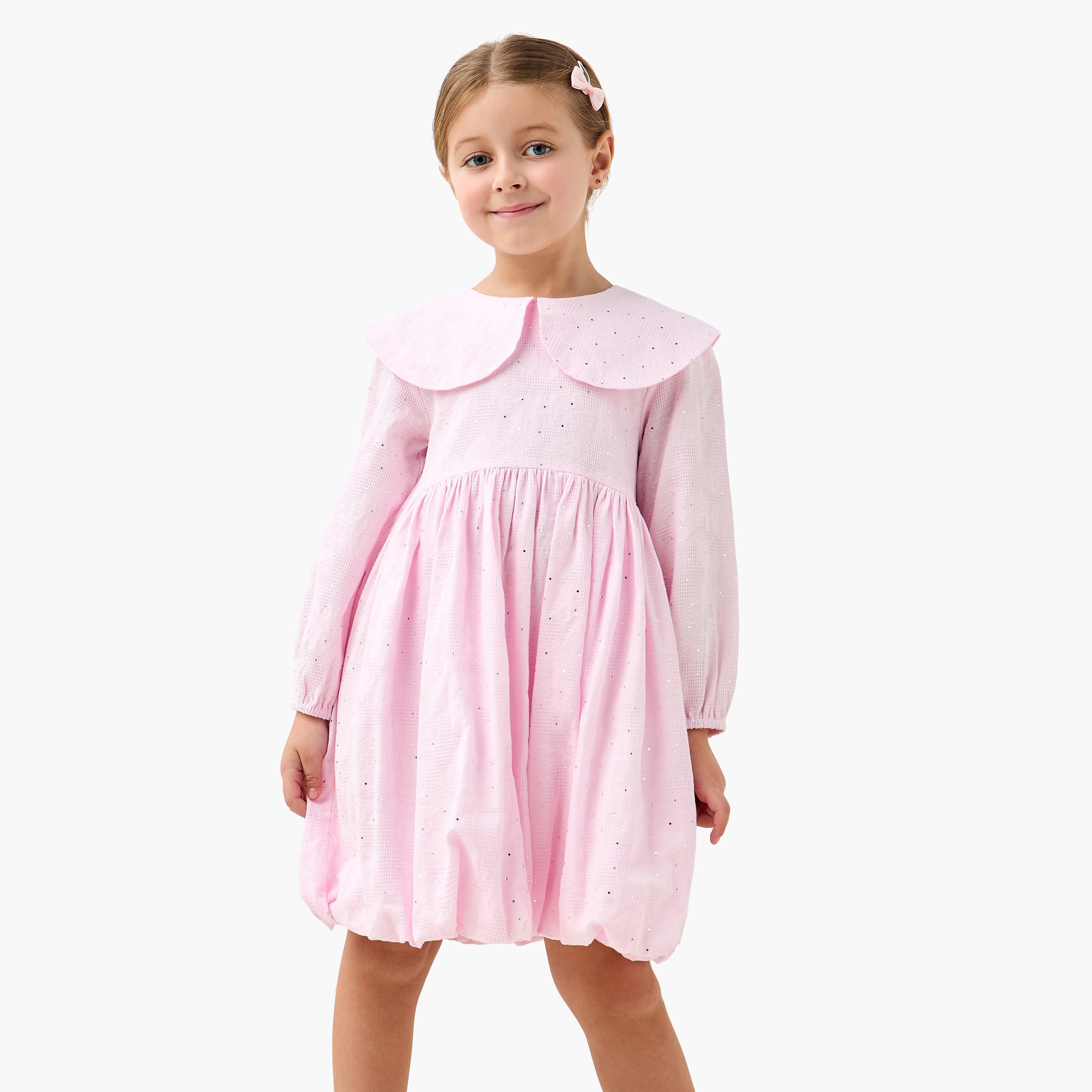 Juniors Peter Pan Collar Long Sleeves Balloon Dress with Embellished Detail-girls-clothing-dressesandjumpsuits-image-1