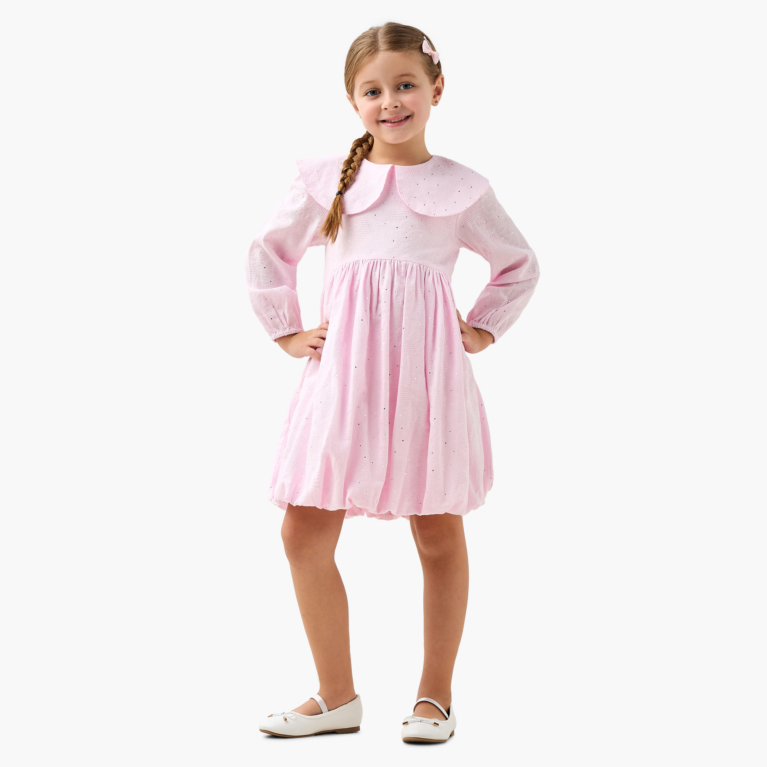 Juniors Peter Pan Collar Long Sleeves Balloon Dress with Embellished Detail-girls-clothing-dressesandjumpsuits-image-2