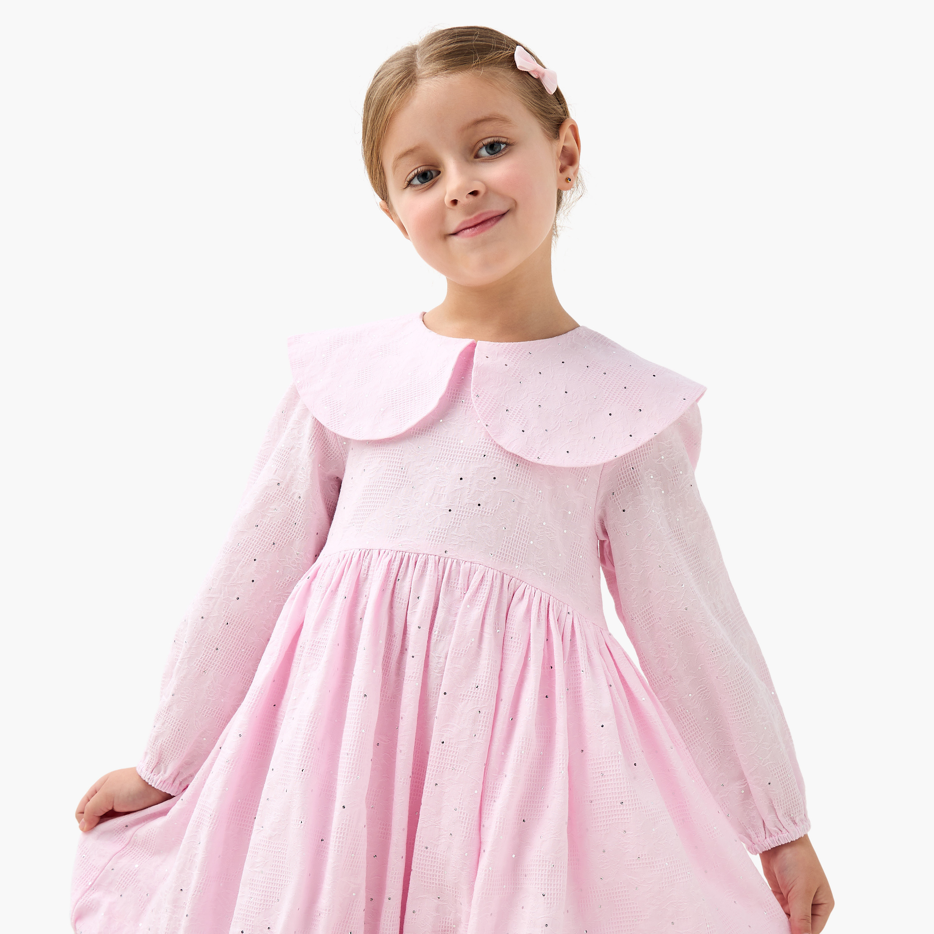 Juniors Peter Pan Collar Long Sleeves Balloon Dress with Embellished Detail-girls-clothing-dressesandjumpsuits-image-5
