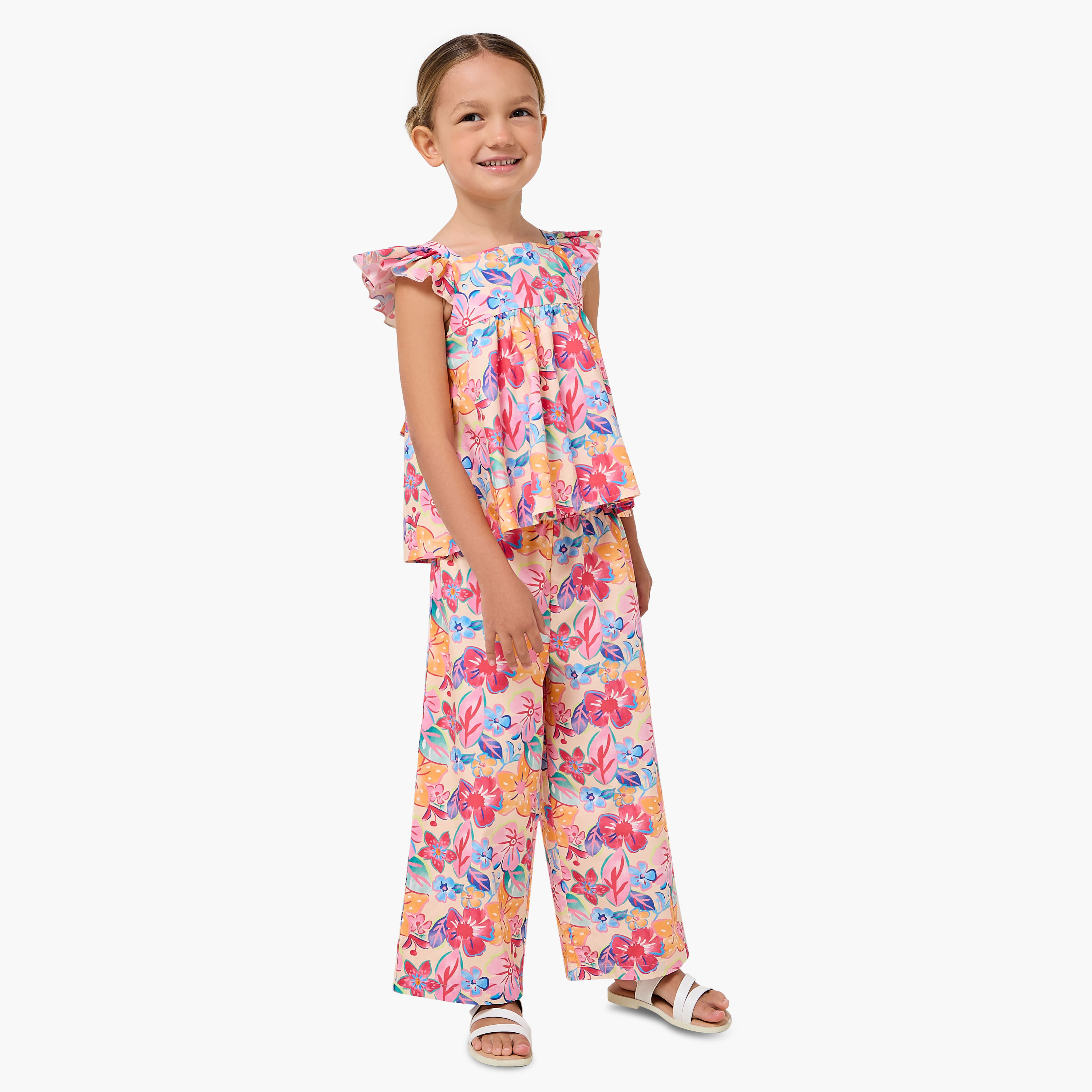 طقم بلوزة بياقة مربعة وأكمام بكشكش وبنطلون بطبعات زهور من جونيورز-girls-clothing-setsandcoords-image-1