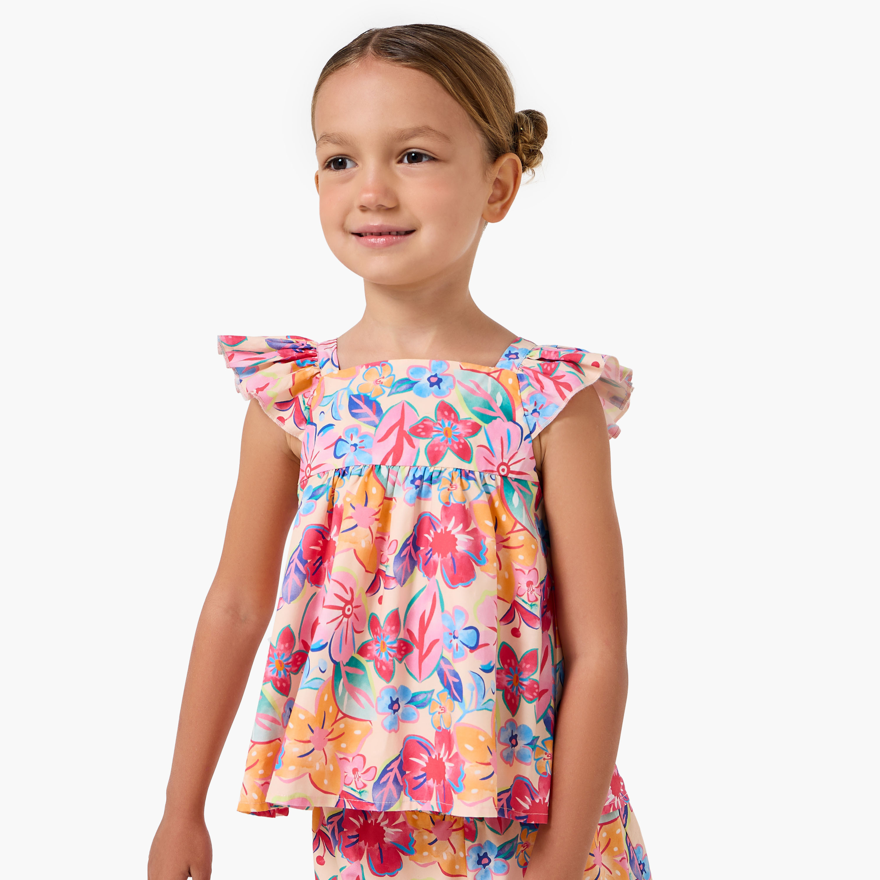 طقم بلوزة بياقة مربعة وأكمام بكشكش وبنطلون بطبعات زهور من جونيورز-girls-clothing-setsandcoords-image-2